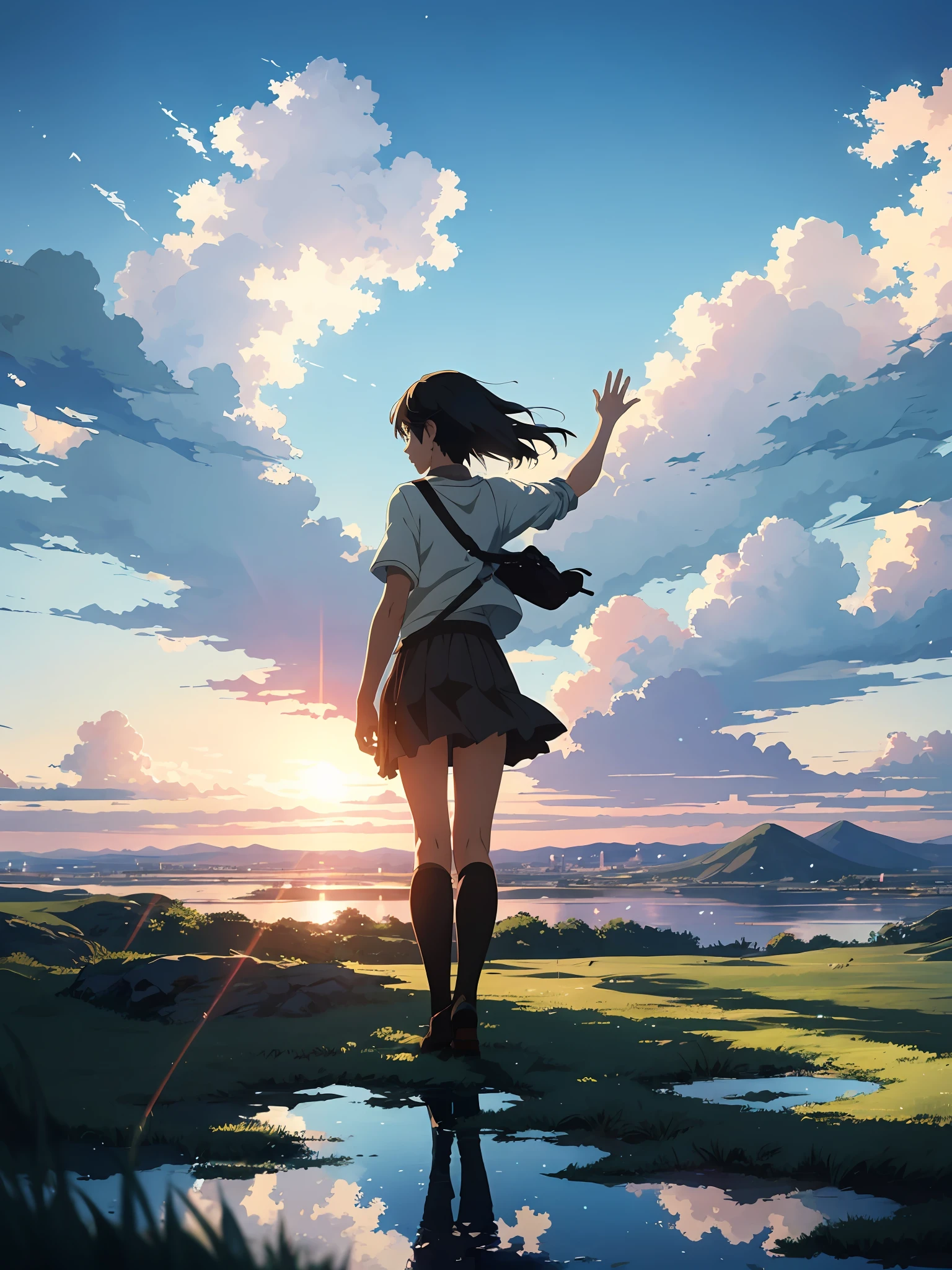 A girl looks at the sky, the girl waves, a plane flies by, the vast sky, the beautiful skyline, the large grassland, the very tense and dramatic picture, the moving visual effects, the hanging North Star, the colorful natural light. Pixiv, concept art, lofi art style, reflection. by makoto shinkai, lofi art, beautiful anime scene, anime scenery, detailed landscape, style of makoto shinkai, detail enhancement