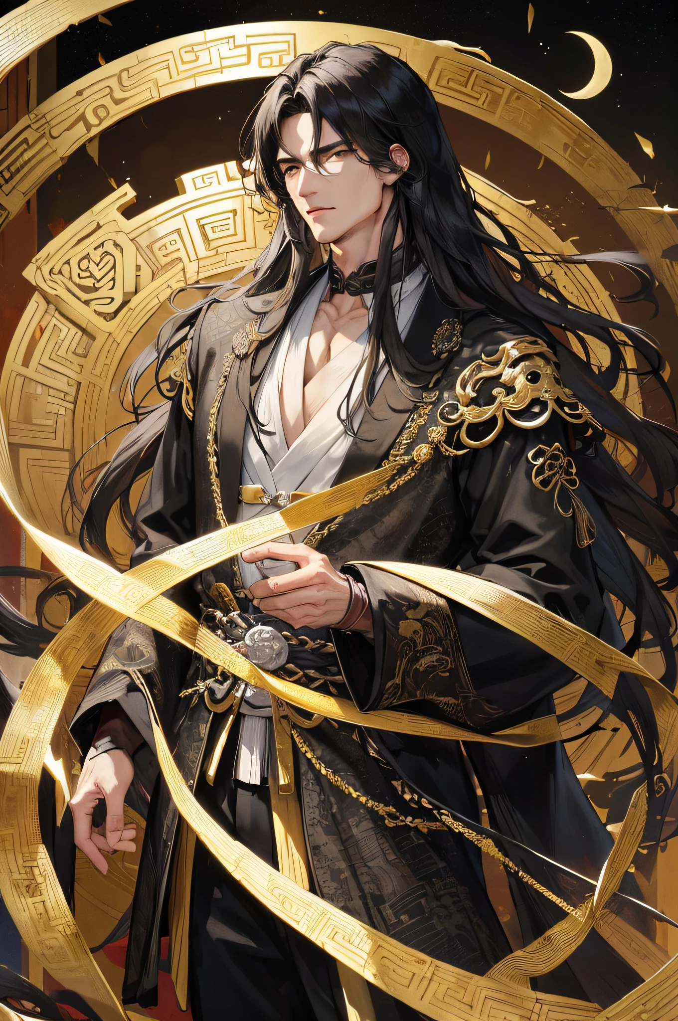 Masterpiece, best, night, full moon, 1 person, mature man, Chinese style, ancient China, black hair, black eyes, split ends, long hair, long bangs, handsome, handsome, masculine, serious, gentle, tall, calm, black gold blended, golden texture, dragon pattern, prince, palace