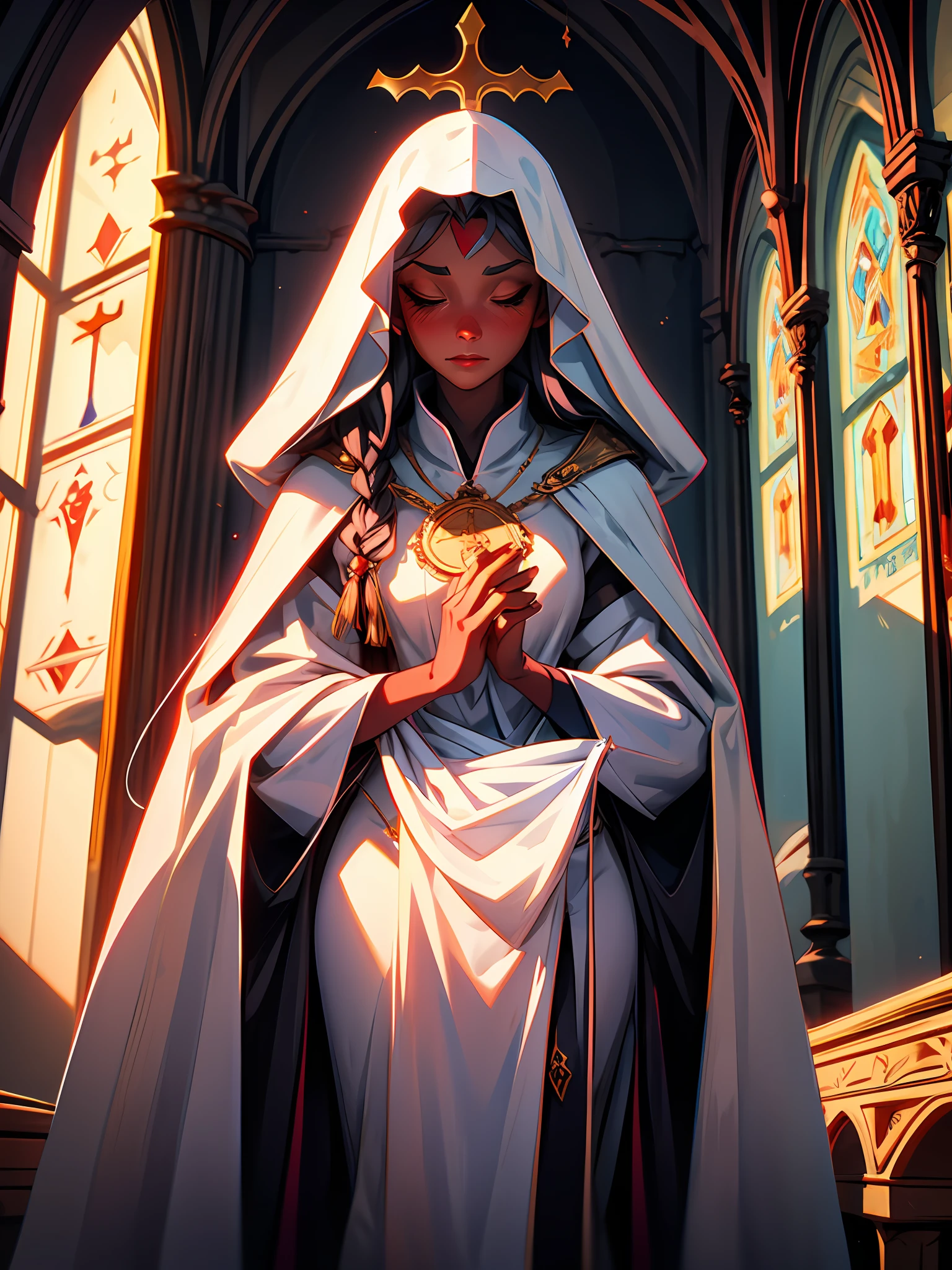 mature woman, holy priestess, white cloak, pray,🙏, head bowing, holy aura, eyes closed, skindention, tight cloth, standing, candle light, light reflection, dark church, watercolour, BREAK red skin, demoness ,standing behind, whispering sins