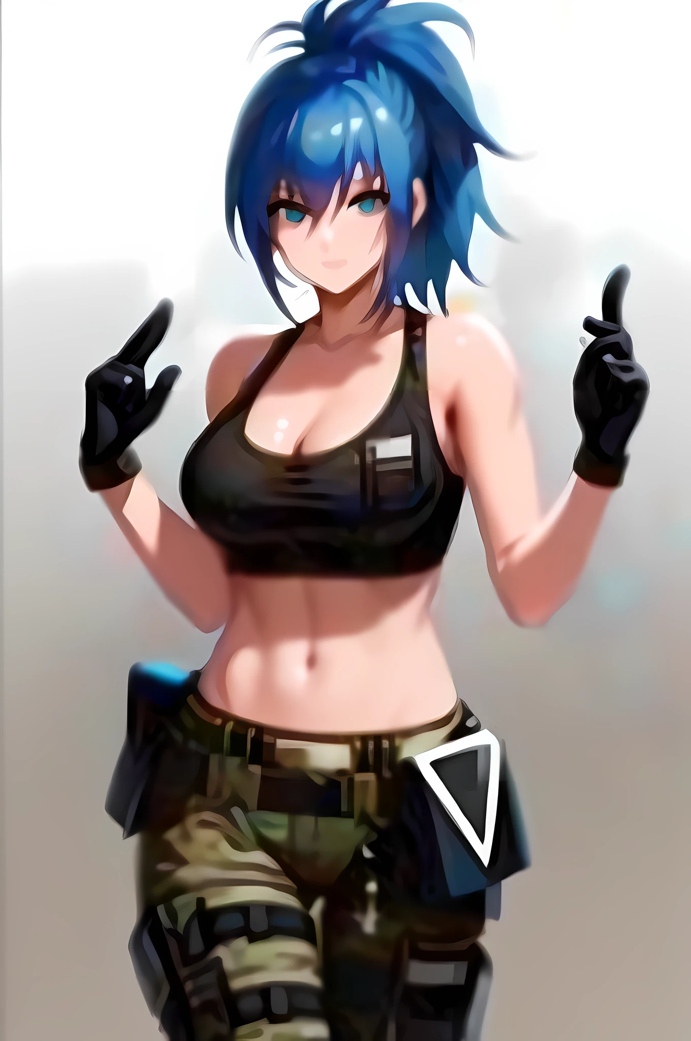 a close up of a person with blue hair and gloves, short blue haired woman, inspired by Leng Mei, anime style. 8k, 2 d anime style, fubuki, style of mirror\'s edge, ghost in the shell style, anime style character, perfect android girl, modern anime style, ghost in the shell art style, female anime character