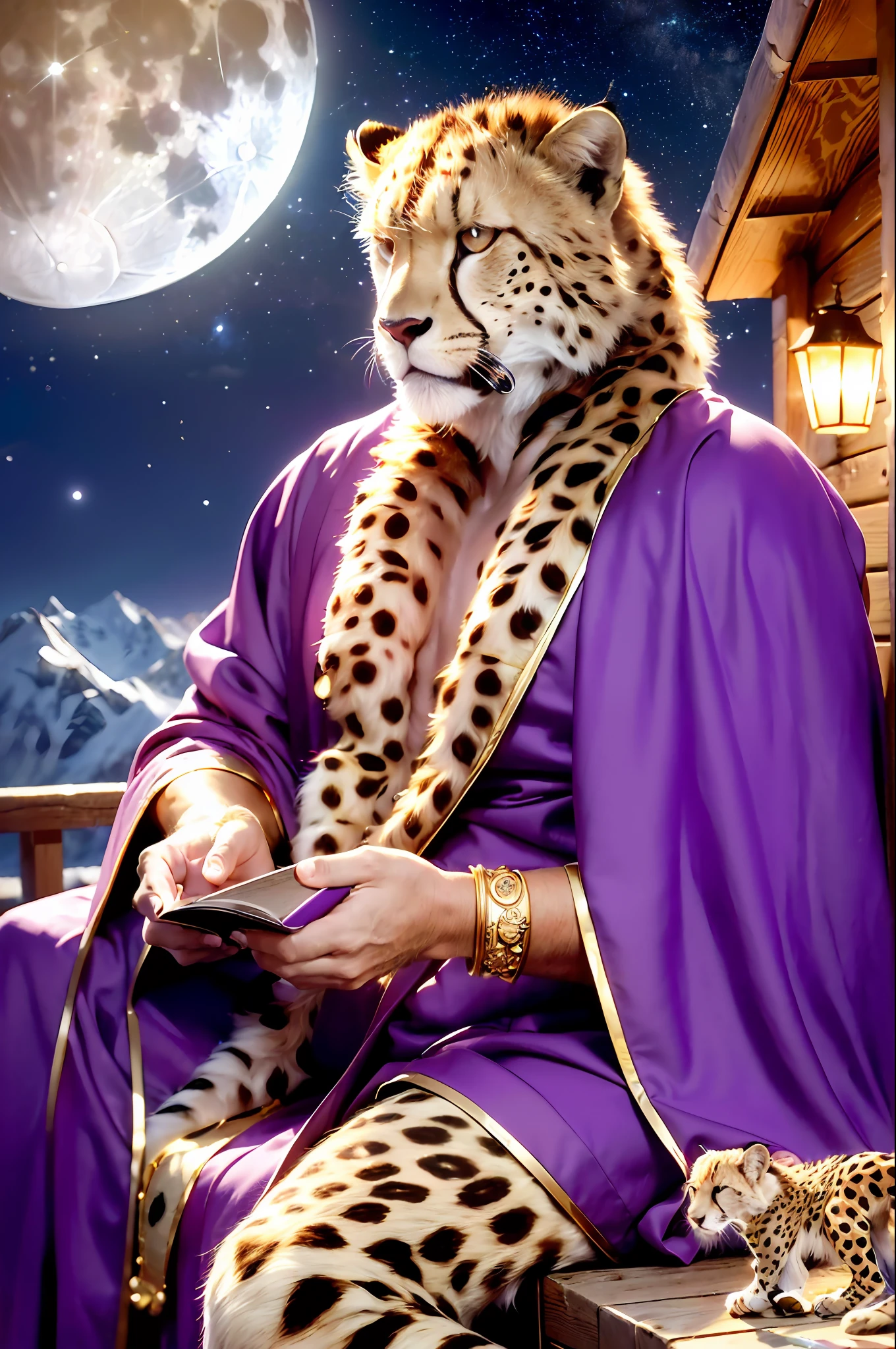 8K, 4D, highest quality, ((realistic)), (detail)), outdoor, mountain hut-style balcony, (illuminated by pale light), alone, in the dark, no light, otherworld, one beastman male, only beastman male, wise man, wearing a deep purple robe, cheetah beastman, cheetah face, spacious wooden chair, character appearance (in the dark, not receiving light, Sitting on a wooden chair, looking up to the heavens, squinting, leaning against the backrest, dozing, thick book in one hand, book in one hand, cheek cane in one hand, looking at the moon in the distance, (profile looking up at the moon), body facing forward, face turned sideways, ((wearing a deep purple robe)), (gold bangles), male beastman, wise man, cheetah beastman, hair on hands, human hands), background elements (outdoors, balconyMountain hut, night sky stars, full moon, no light), up, oil painting