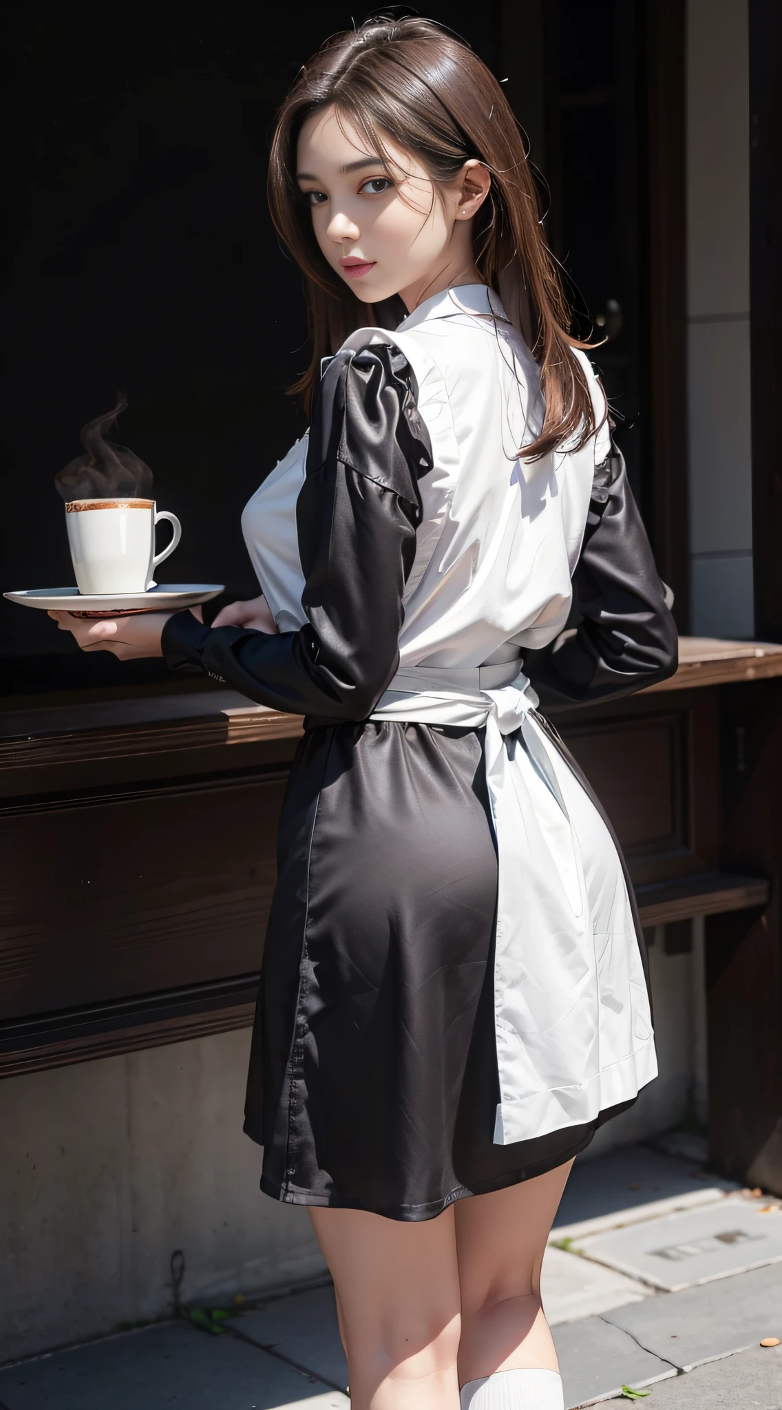 (Photoreal: 1.4), (Hyperrealistic: 1.4), (Realistic: 1.3), (Smooth Lighting: 1.05), (Improved Cinematic Lighting Quality: 0.9), 32K, 1 female, 24 year old waitress, Angle from Back, Realistic Lighting, Backlight, Face Lights, Ray Tracking, (Bright Light: 1.2), (Quality Improvement: 1.4), (Top quality realistic texture skin: 1.4), fine detailed eyes, detailed face, fine quality eyes, dark brown eyes, (tired, sleepy and satisfied: 0.0), blouse, café skirt, apron, dark brown hair, pure white silk socks, black strap pumps, (shiny smooth fabric white silk socks: 1.5), dark brown hair, facing the camera, Legs open, (full body: 1), white background, carrying a tray of coffee set