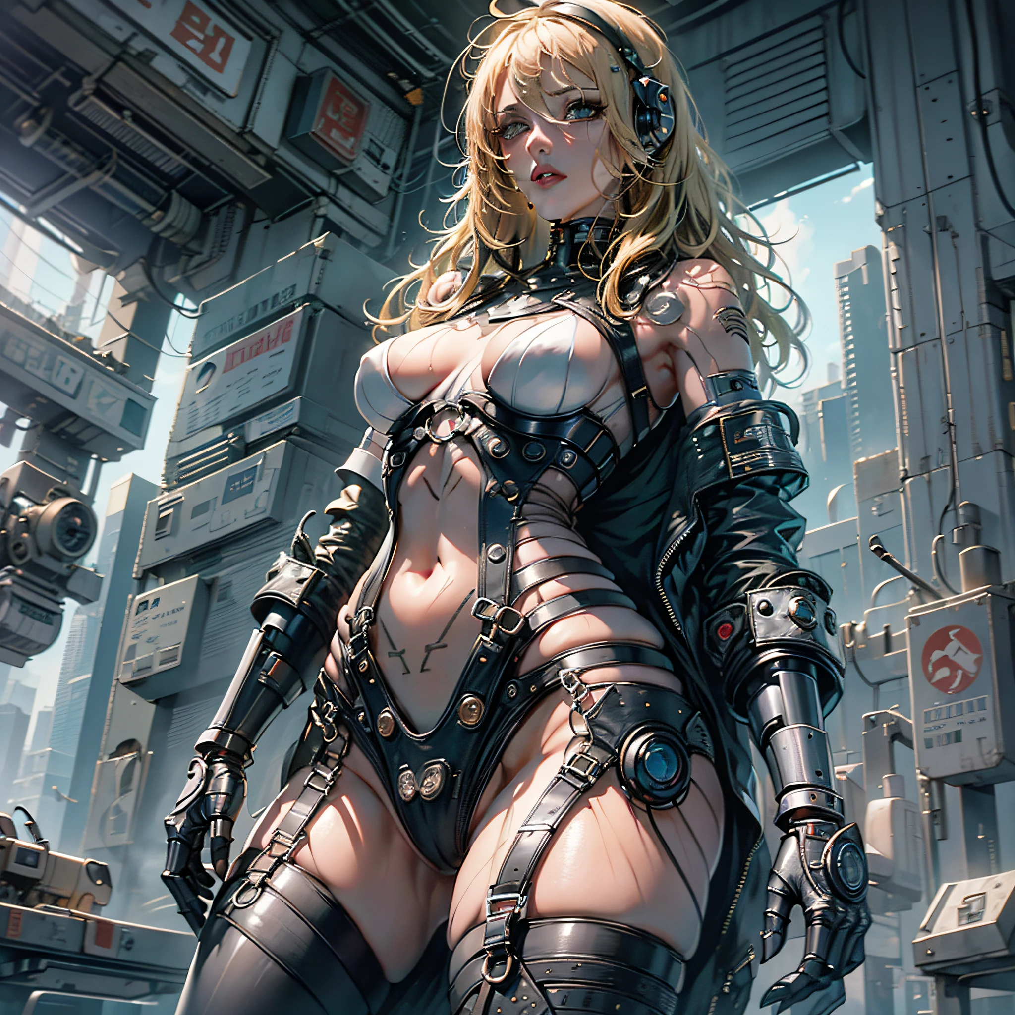 cyberpunk, cyborg beauty, hands are robot parts, (high resolution, young blonde beauty), very big, very small micro underwear, sticking out, crotch wide open, shape clearly visible, pubic area clearly visible, crotch wide open, underwear that sticks to wet skin, lying on bed