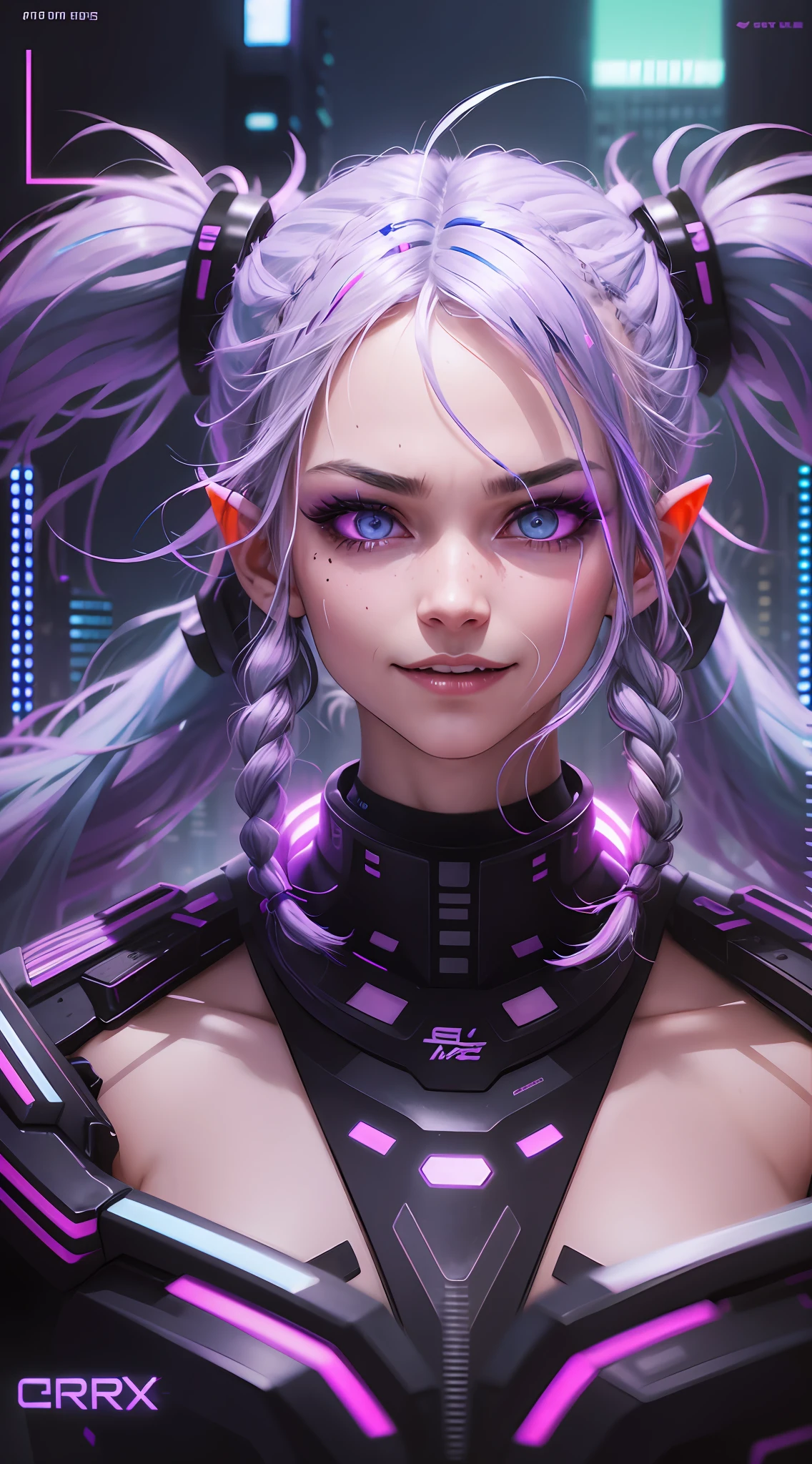 Neon background, Cyberpunk City, silver hair, streaked hair, twin braids, twintails, mole under eye, pointy ears, sad, makeup, crazy, crazy smile, excited, despair, evil, Futurism, cinematic lighting, chromatic aberration abuse, glowing light, Ultra-Wide Angle, cowboy shot, masterpiece, anatomically correct, textured skin, super detail, 8k --auto --s2