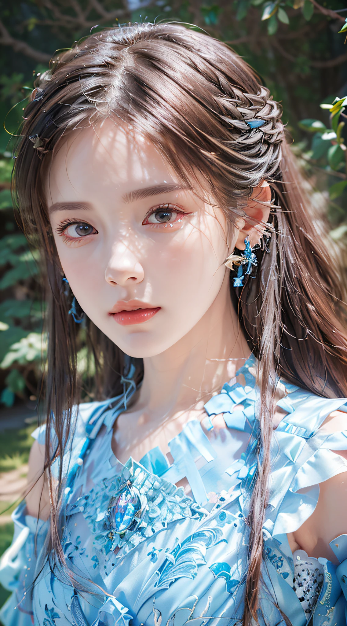 a close up of a woman with long hair wearing a blue dress, smooth anime cg art, game cg, 8k portrait render, hyperdetailed fantasy character, 8k high quality detailed art, close up character, photorealistic anime girl render, beautiful character painting, artgerm ; 3d unreal engine, 4 k detail fantasy, a beautiful fantasy empress