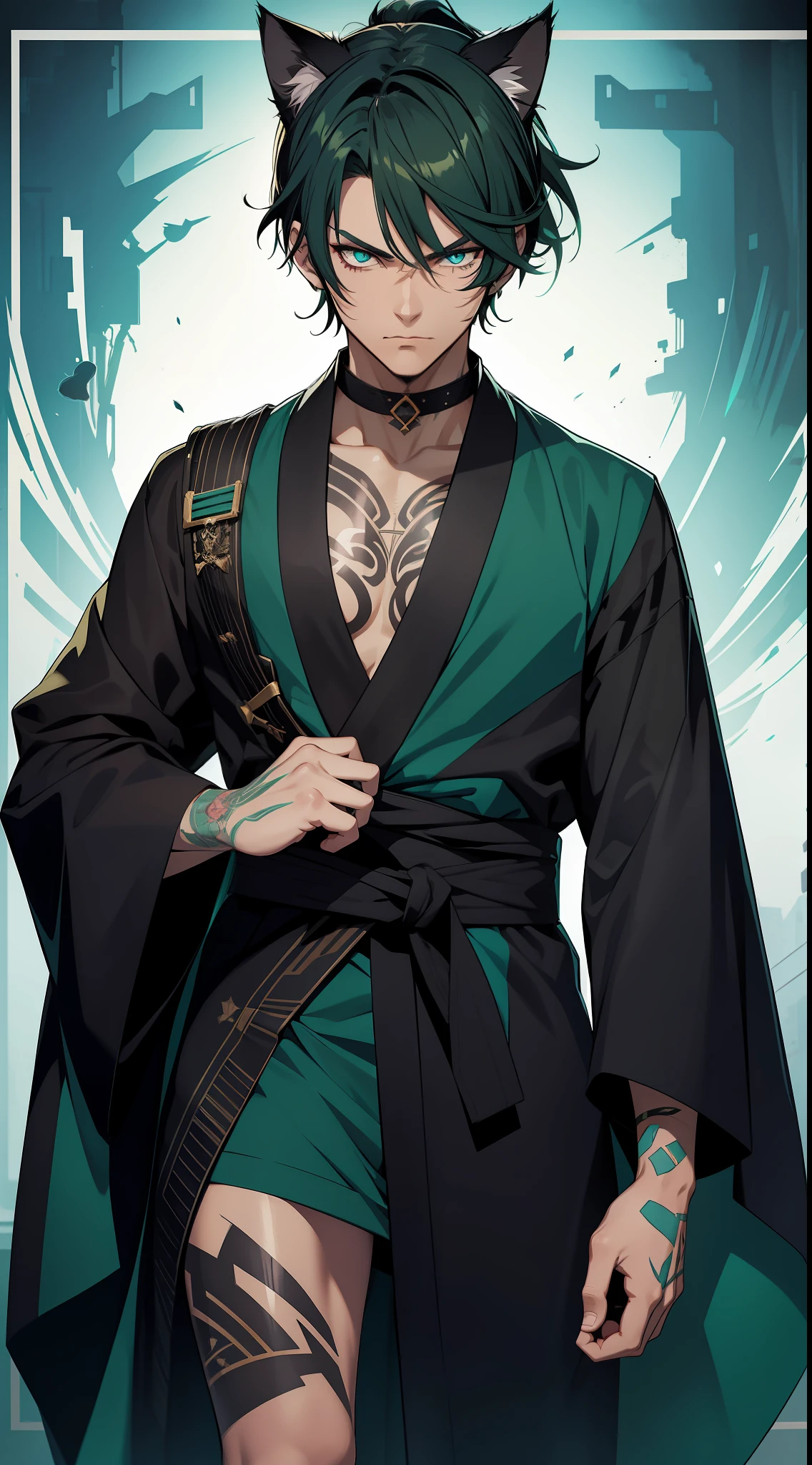 Adult guy, short dark green hair, cat ears, high ponytail, cyan eyes, combat kimono, left chest and left arm open, tattoos, fan, serious look, bow, masterpiece, high quality