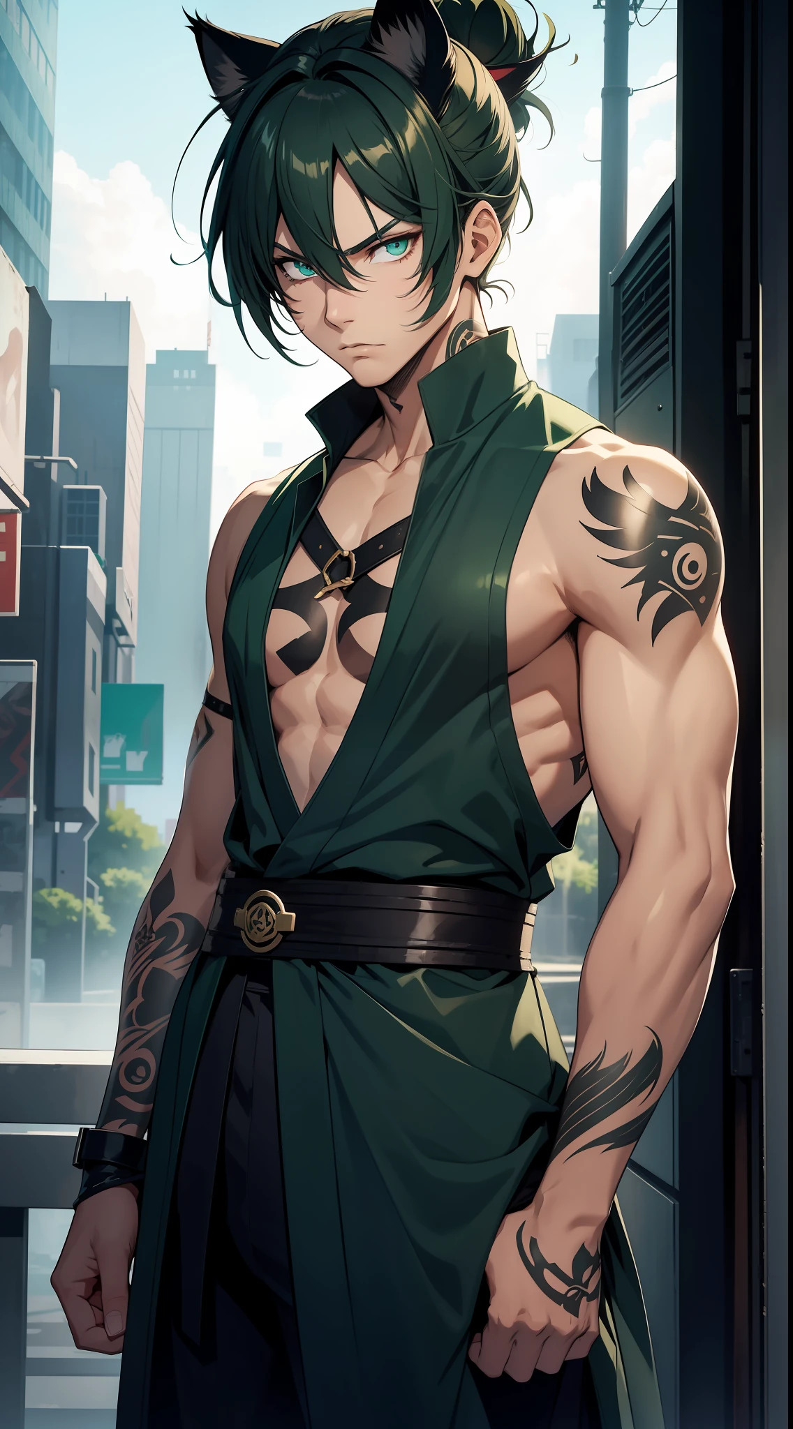 Adult guy, short dark green hair, cat ears, high ponytail, cyan eyes, combat kimono, left chest and left arm open, tattoos, fan, serious look, bow, masterpiece, high quality