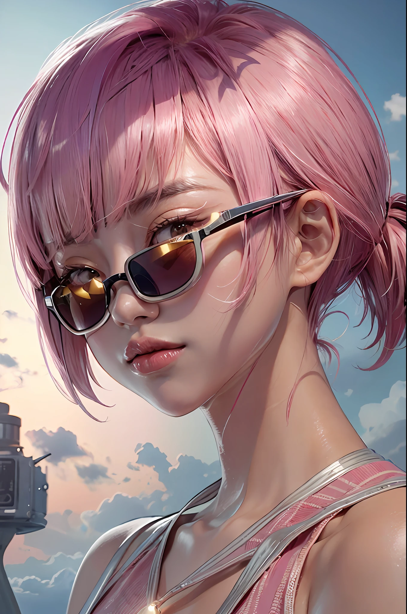 pink hair,, blunt bangs, 1girl,solo, flashy hair, photorealistic, high resolution, one girl, korean, summer, cowboy shot, sunglasses