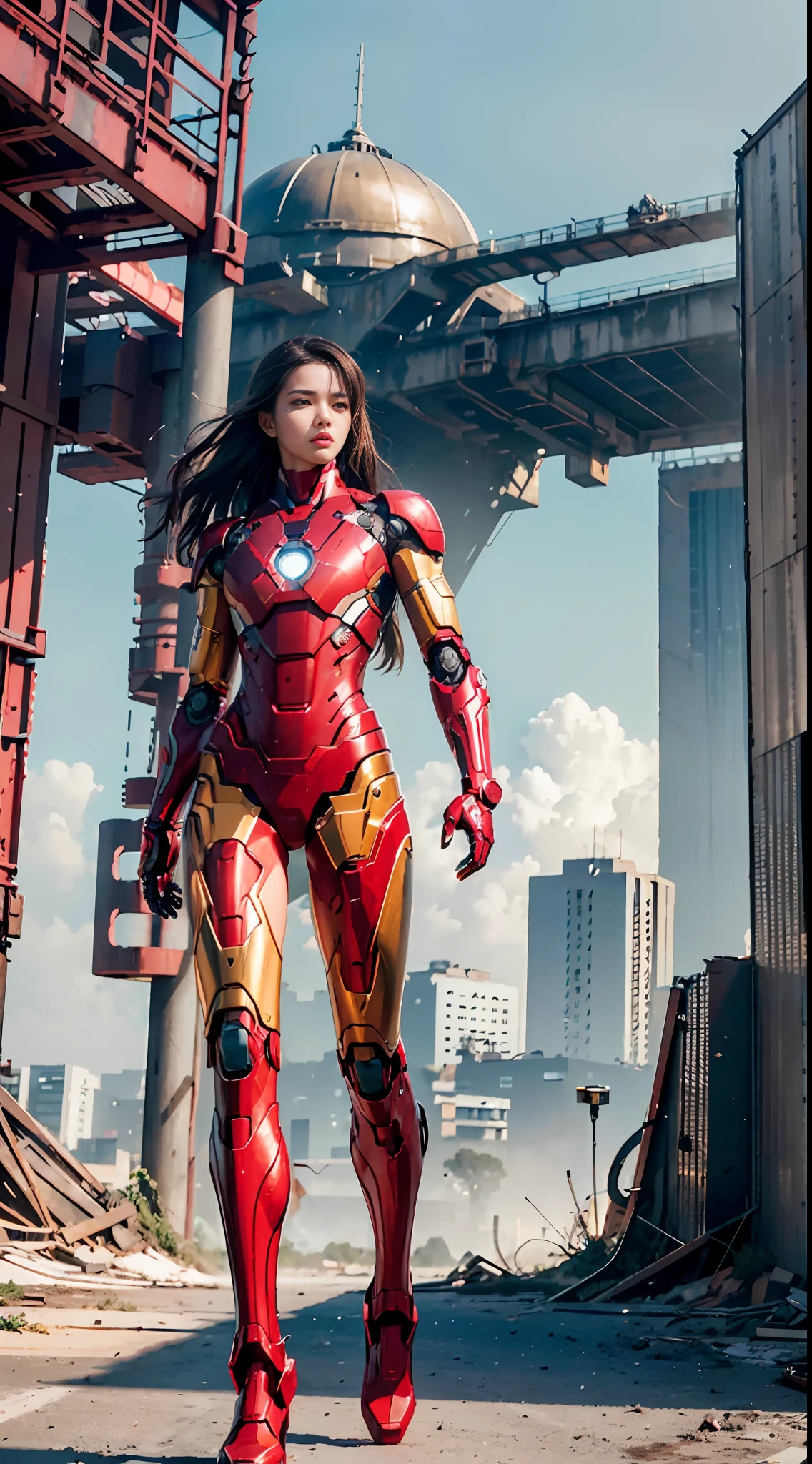RAW, masterpiece, ultra-fine photo,, best quality, ultra high definition, photorealism, sunlight, full body portrait, stunningly beautiful,, dynamic pose, delicate face, vivid eyes, (side view), she wears futuristic Iron Man mecha, red and gold color scheme, highly detailed abandoned warehouse background, detailed face, detailed and complex busy background, messy and gorgeous, milky, High Detail Skin, Realistic Skin Details, Visible Pore, Sharp Focus, Volumetric Fog, 8K UHD, DSLR Camera, High Quality, Film Grain, Fair Skin, Photorealism, Lomography, Futuristic Dystopia, Vast Big City, View from Below, Translucent Okinawa Beauty