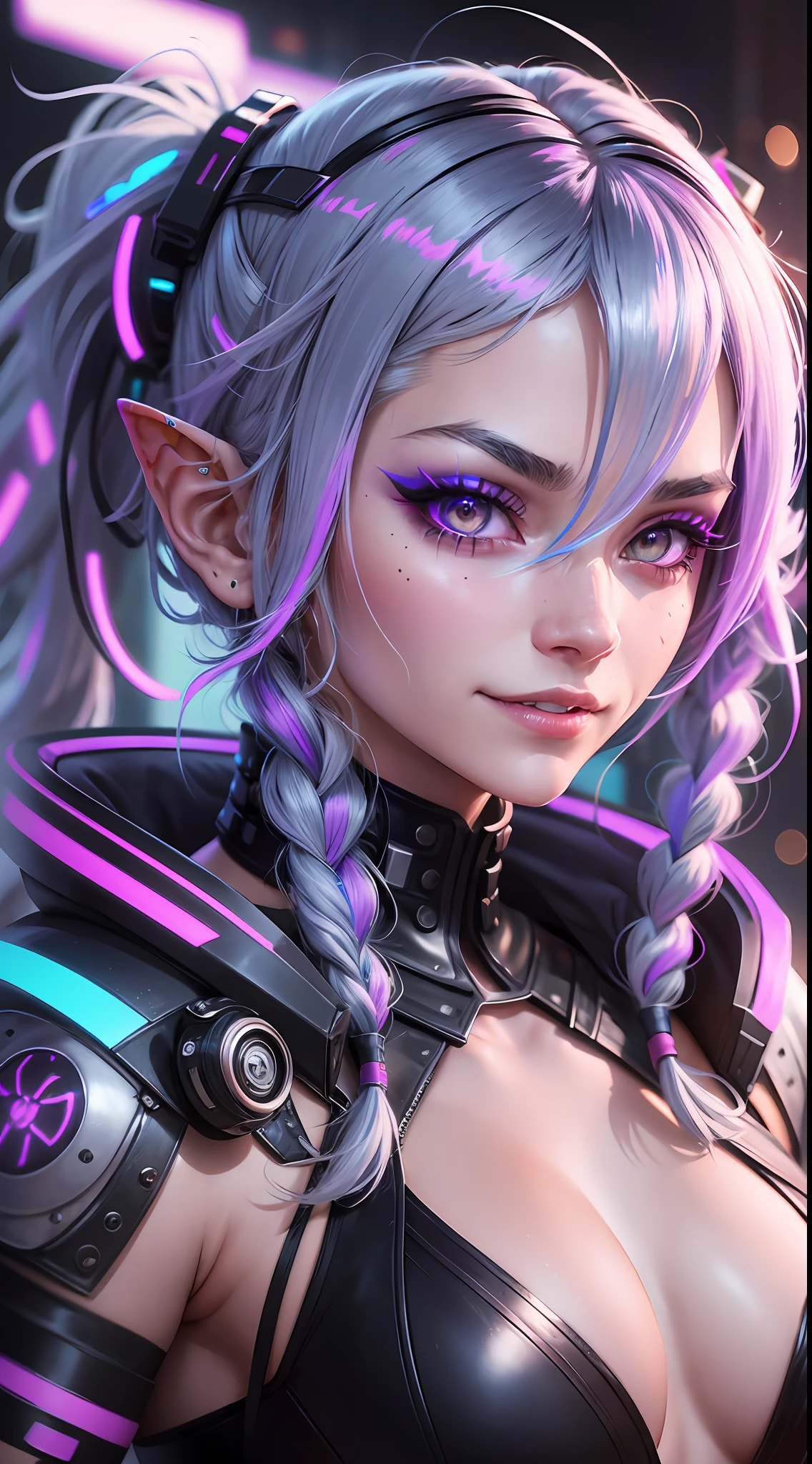 Neon background, Cyberpunk City, silver hair, streaked hair, twin braids, twintails, mole under eye, pointy ears, sad, makeup, crazy, crazy smile, excited, despair, evil, Futurism, cinematic lighting, chromatic aberration abuse, glowing light, Ultra-Wide Angle, cowboy shot, masterpiece, anatomically correct, textured skin, super detail, 8k --auto --s2