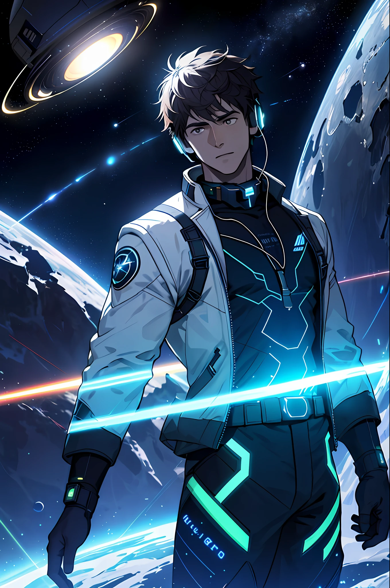 Draw a young man, leaping, wearing headphones, surrounded by a few asteroids that emit glowing rings. Dramatic lights from distant stars and planets lit up the scene, casting deep shadows across the suit. The young man looked confident and determined, gazing at the vast and mysterious universe with wonder and respect, cowboy-style