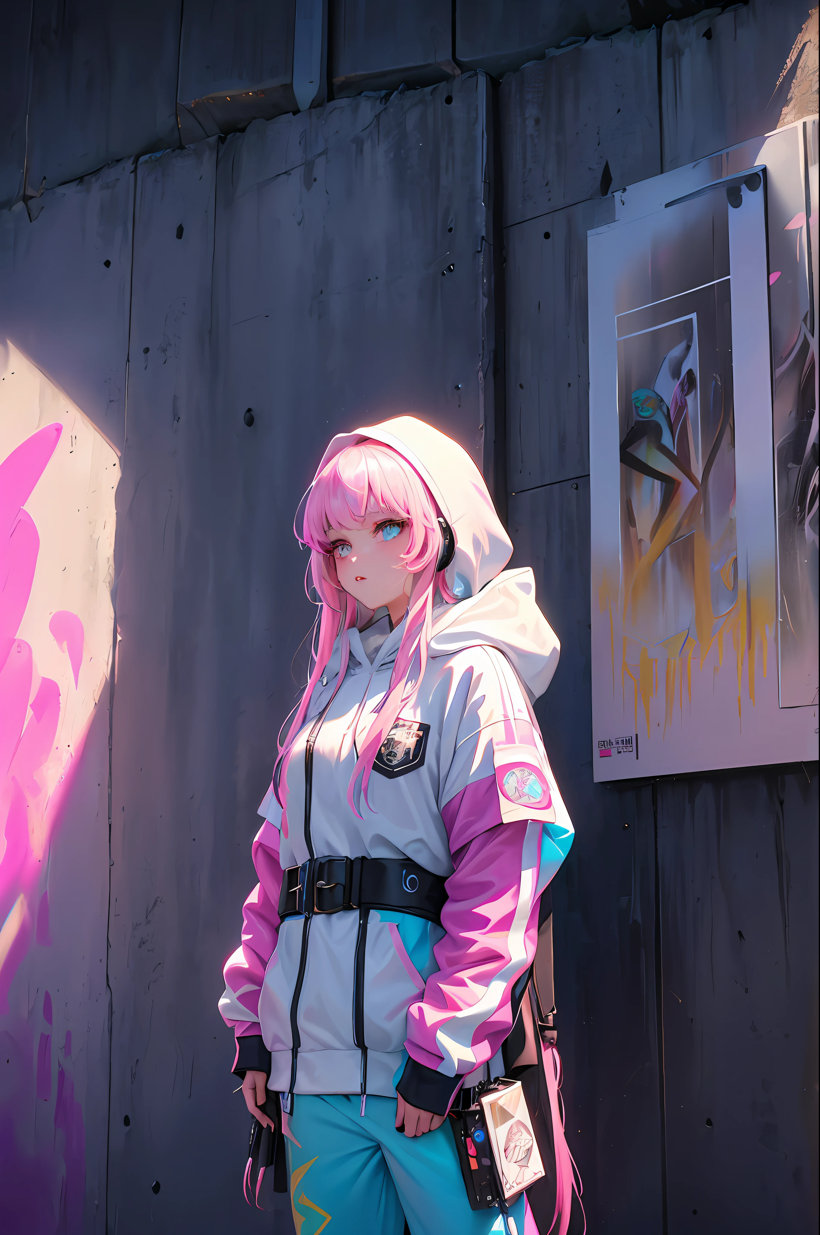 (Masterpiece:1.2), best quality, (illustration:1.2), (ultra-detailed),Eye focus,(Masterfully crafted Glow, pink lens flare), (Cinematic background), hyper details,(delicate detailed), (intricate details), octane render, hdr, (hyperdetailed:1.15), (((colourful))),(soft light:1.2), 1girl, beautiful girl, ultra detailed eyes, mature, plump, thick, rainbow painting drops, paint teardrops, woman made up from paint, entirely paint, splat, splash, (outside), (bioluminescent hair:1.1),(glowing eyes), ((makeup)),(Cinematic masterpiece), fierce, powerful, splashes of colour absolutely eye-catching, (Cinematic headlight), (realistic bounce lighting:1.2),((caustic)), dynamic angle, beautiful detailed glow, ambient occlusion, ambient light, raytraced reflections,(best illumination, an extremely delicate and beautiful), ((cinematic light)), (soft:2), (whimsical:2) , intricate background, vibrant, dreamscape, (painting graffiti:1.3), (glowing tail), (painted city landscape), (Urban),(realistic urban fashion), (expressive:1.2), good form, athletic , (mirrored world), (long flowing black hair:1.1), wavy hair, (colourful hair highlights),(Cyberpunk Techwear Japanese Streetwear Longline Hoodie),(Cyberpunk Streetwear Kanji Joggers), glowing headphones, beanie, (graffiti wall), unfinished graffiti, ghetto,(looking at wall:2),black hoodie, (backwall present),(holding spraycan:1.3), (colourful mist), buckles, belts, straps, a girl standing in front of a graffiti wall, cyberpunk art, by LAM, Mika Pikazo, graffiti, techwear jacket, black gloves, with buckle and tape