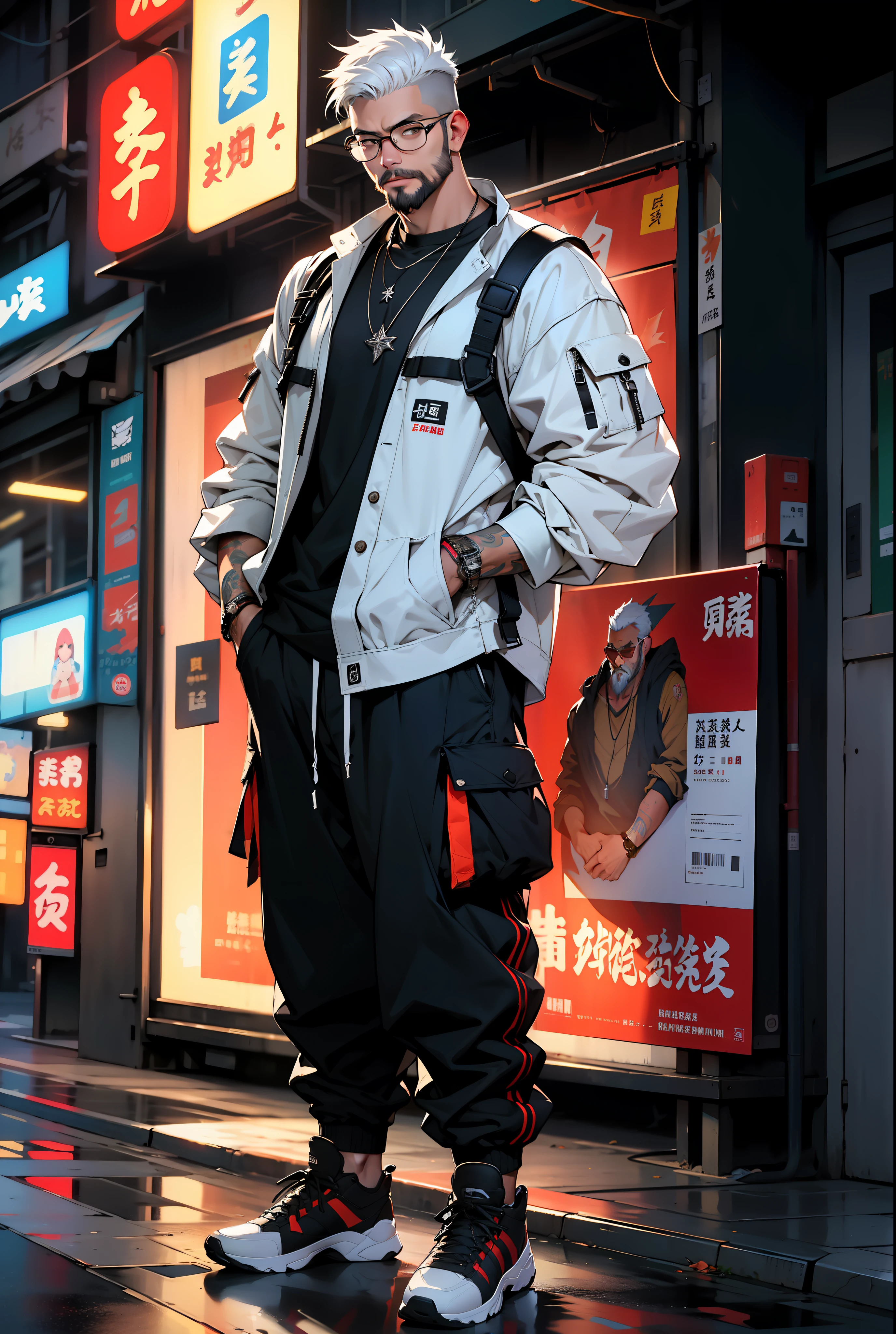 1man, full body, short white hair, muscular, beard, Streetwear,cargo pants, necklace,taiwan, street, (masterpiece, best quality, highres, ultra detailed ), night , depth of field, glasses,