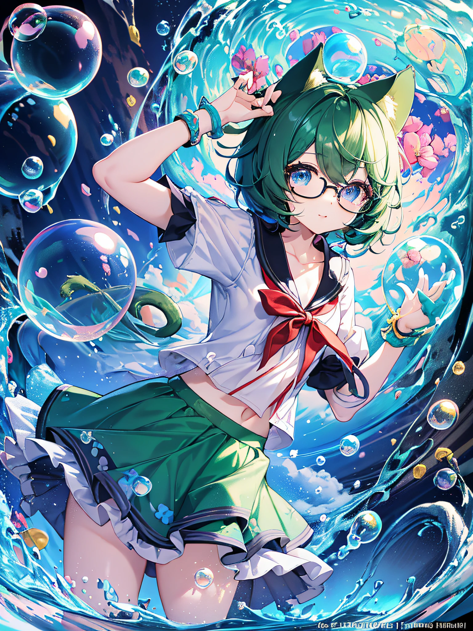 (Chibi), Girl, Solo, (Deep Eyes, Dark Blue Eyes, Pale Green Hair, Short Cut, Cat Ears:1.4), (Big Round Glasses (Red Rim):1,2), Straw Hat with strawberry decorations, Smile, Happy, Petite Breasts, (Flat Chest, Less Constricted:1.2), ((wear a white smock blouse as a jacket) and (red short skirt) and (wear a cute white camisole as underwear)):1.4, Full body, Top angle, (Ultra detailed background, bokeh, bubbles floating:1.2), Moisturized eyes, Shiny hair, Ultra detailed skin, Various flowers, summer flowers, sunny weather,
