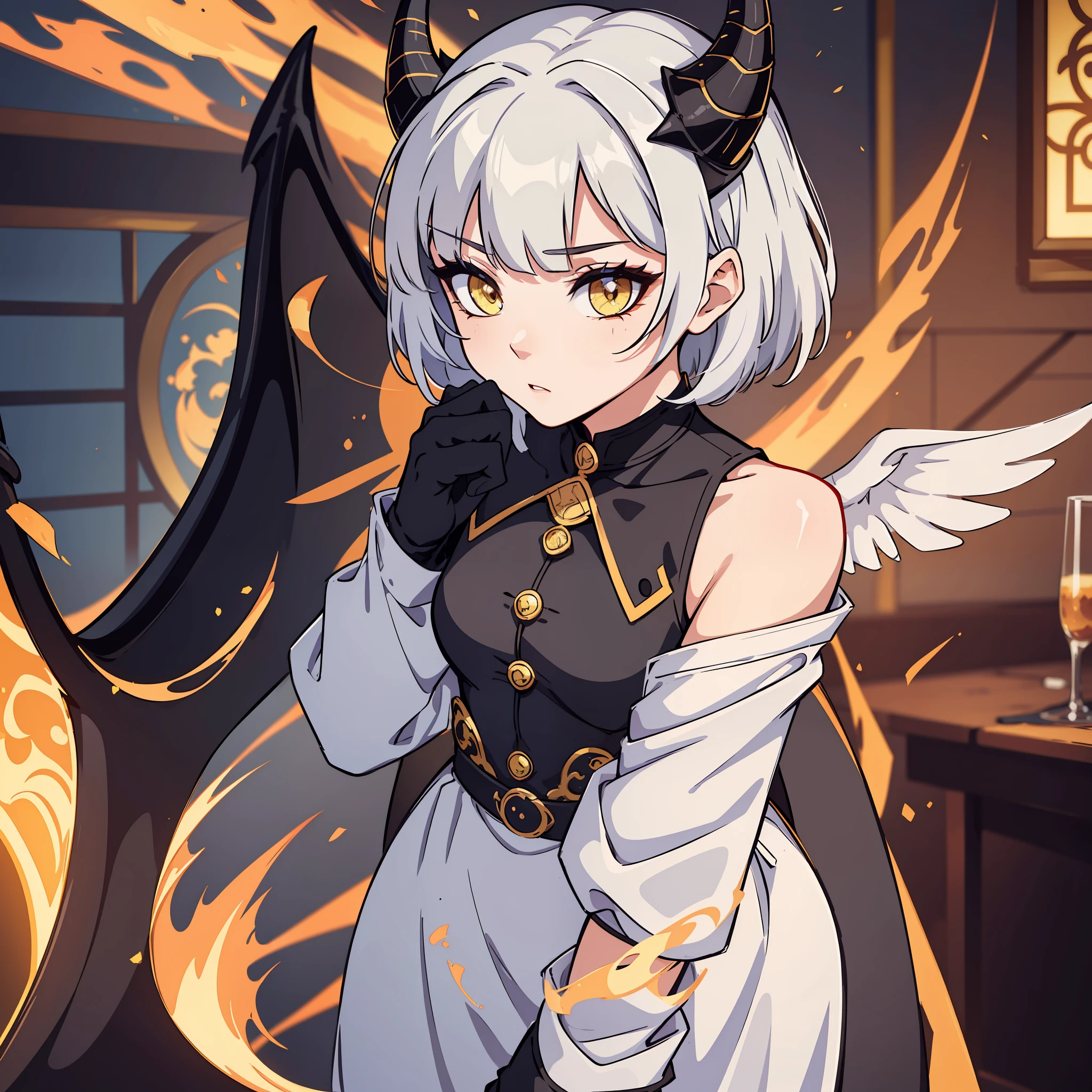 Best quality: 1.0), (Super High Resolution: 1.0), extremely detailed character, extremely detailed hands, half-dragon girl, horns, scales on neck, scales on shoulders, scales on forearm, scales on cheek, extremely detailed black dragon tail, extremely detailed hair, short hair, white hair, black locks, extremely detailed eyes, yellow eyes, cat eyes, 2d, tomboy girl, anime art, Yin-yang symbol in the background of the half-blurred image