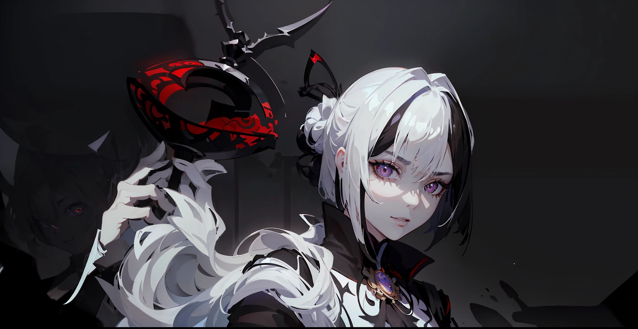 (((Alercchino genshin impact)))), ((((Evil))), (((1girl))), ((tonified)), female focus, masterpiece, high quality, (masterpiece:1.2), (best quality:1.2), shiny, realistic, ornate, intricate skin, ((white hair with black parts)), (short hair), black eyes, bangs, hair between the eyes, hair_stick, evil_girl, elegant_clothes, solo, hair_bun, hair_ornament, hair_pin, holding_fan, paper_fan, elegant, looking_at_viewer,  holding_fan, red_eyeliner, FH, cruel eyes, looking at the viewer, constricted pupils, dynamic pose, (shadows cast over the face:1.3), dark room, shadow room, crazy smile, (upper body), frightening look