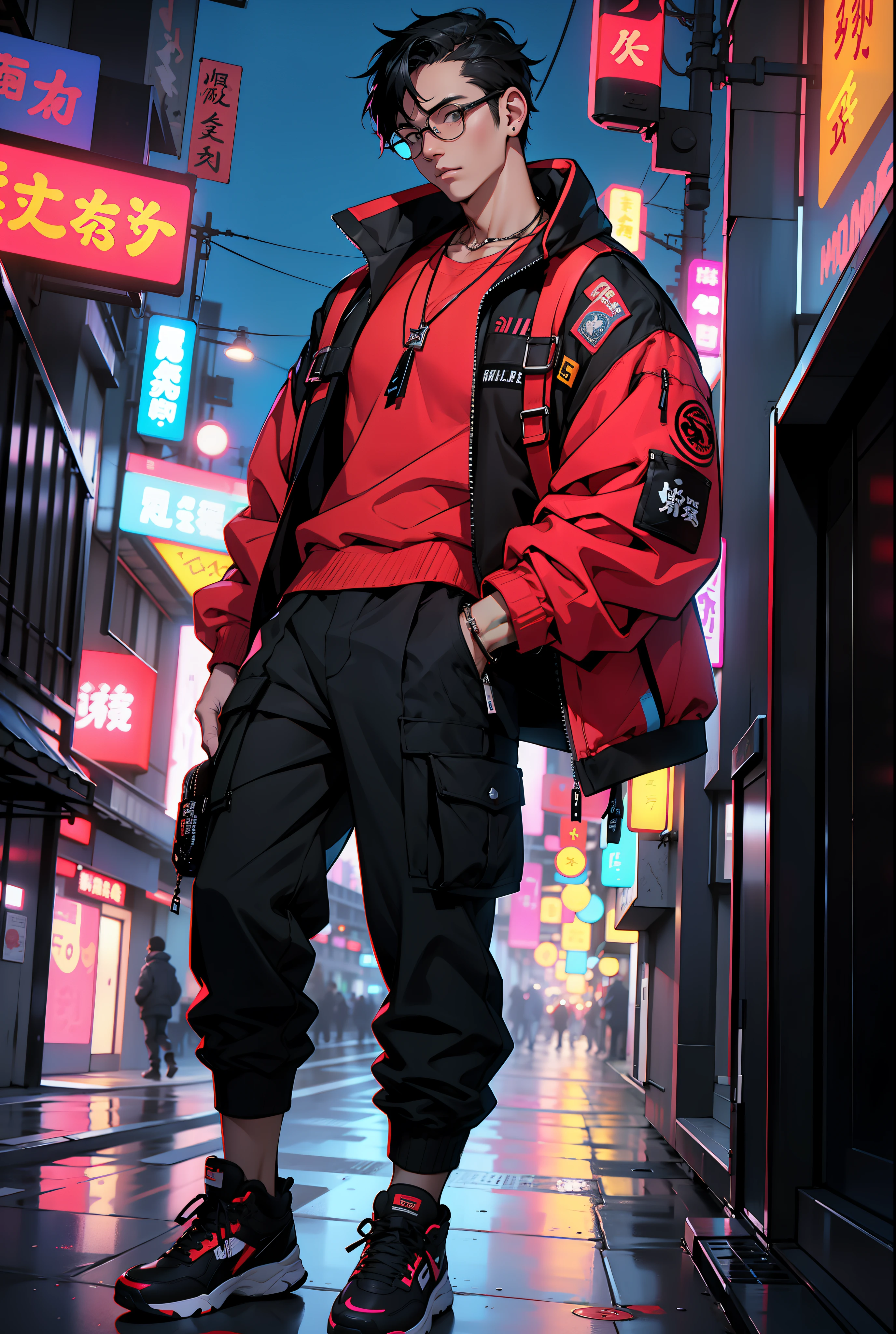 1man, full body, short black hair, Streetwear,cargo pants, necklace,taiwan, street, (masterpiece, best quality, highres, ultra detailed ), night , depth of field, glasses, synthwave colors
