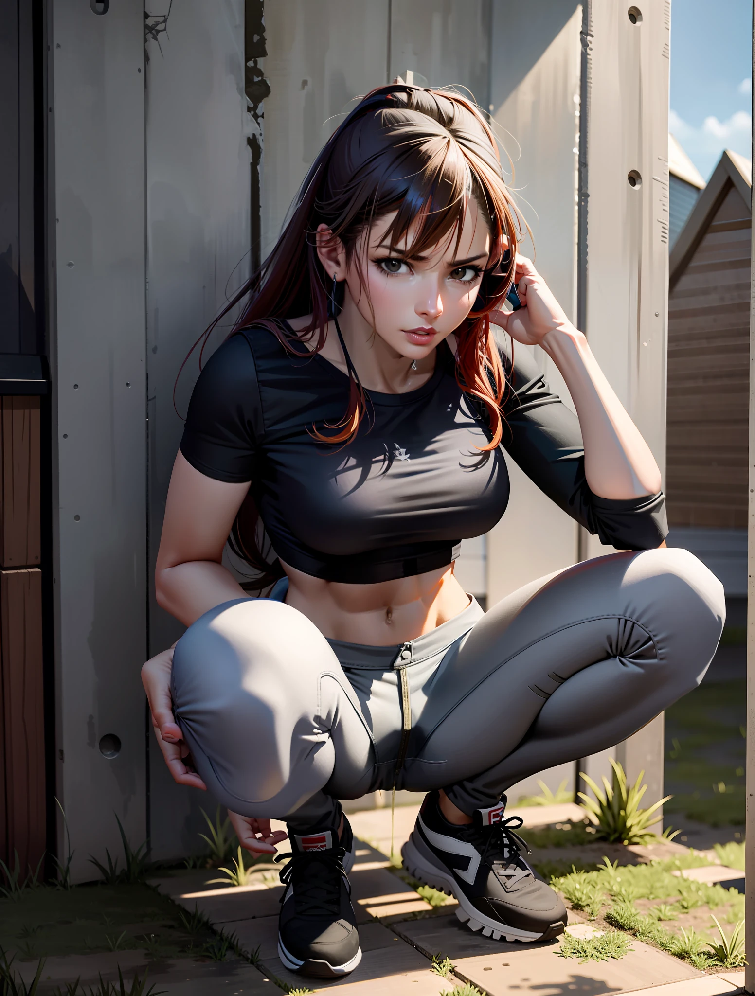 there is a woman kneeling on the ground with a cell phone, strong pose, casual pose, fit girl, sexy pose, tifa lockhart, thoughtful pose, ig model | artgerm, beautiful anime girl squatting, fitness model, thicc, muscular sweat lara croft, tight outfit, character is in her natural pose, attractive pose, sporty physique