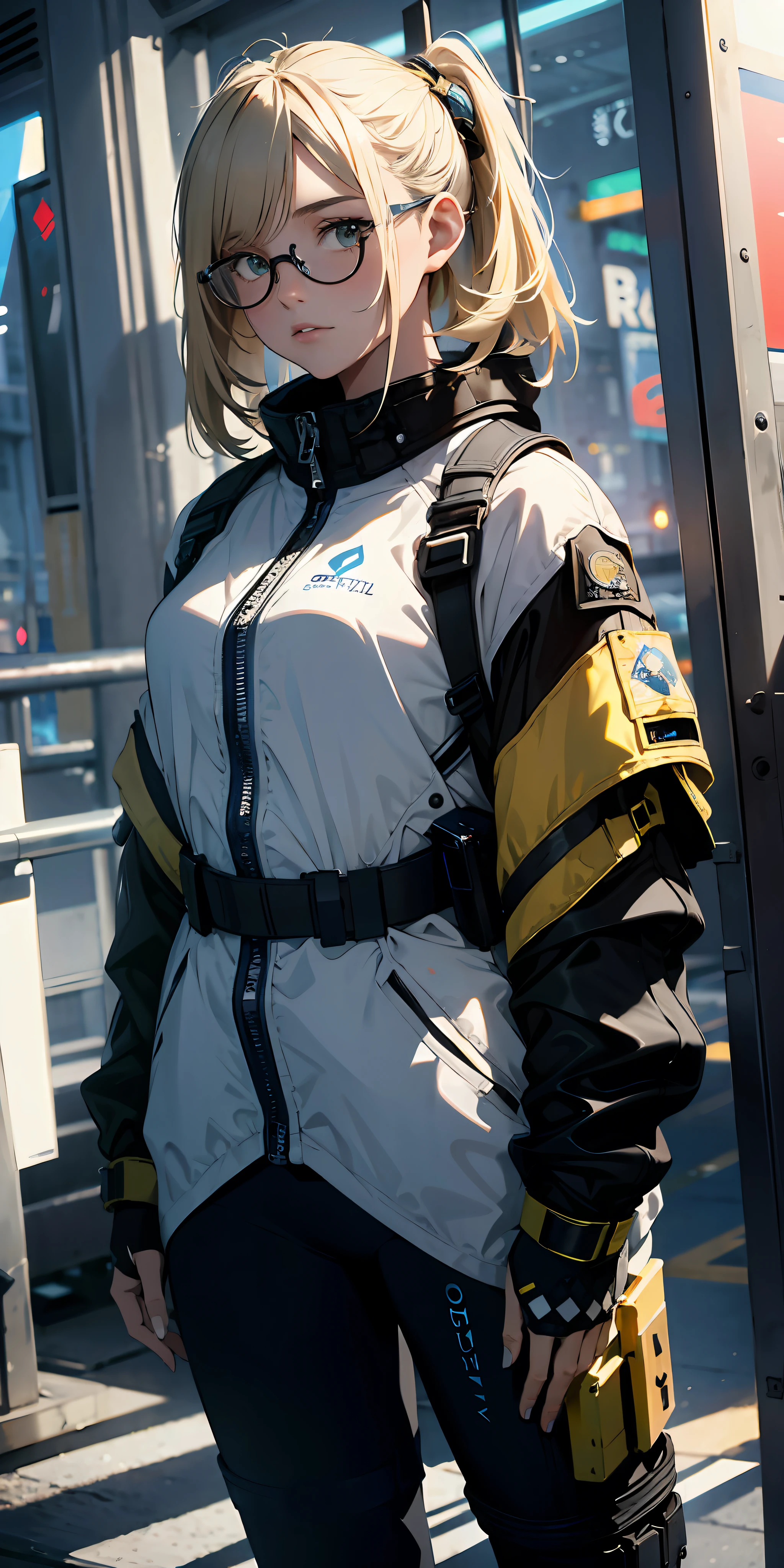 (masterpiece:1.4), 1girl, Wear a lightweight spacesuit, no helmet,absurdres, (masterpiece:1.4), ultra-detailed, 1girl, stand up, space uniform,2023 fashion, cyberpunk streetwear, black and yellow, blonde hair, glasses