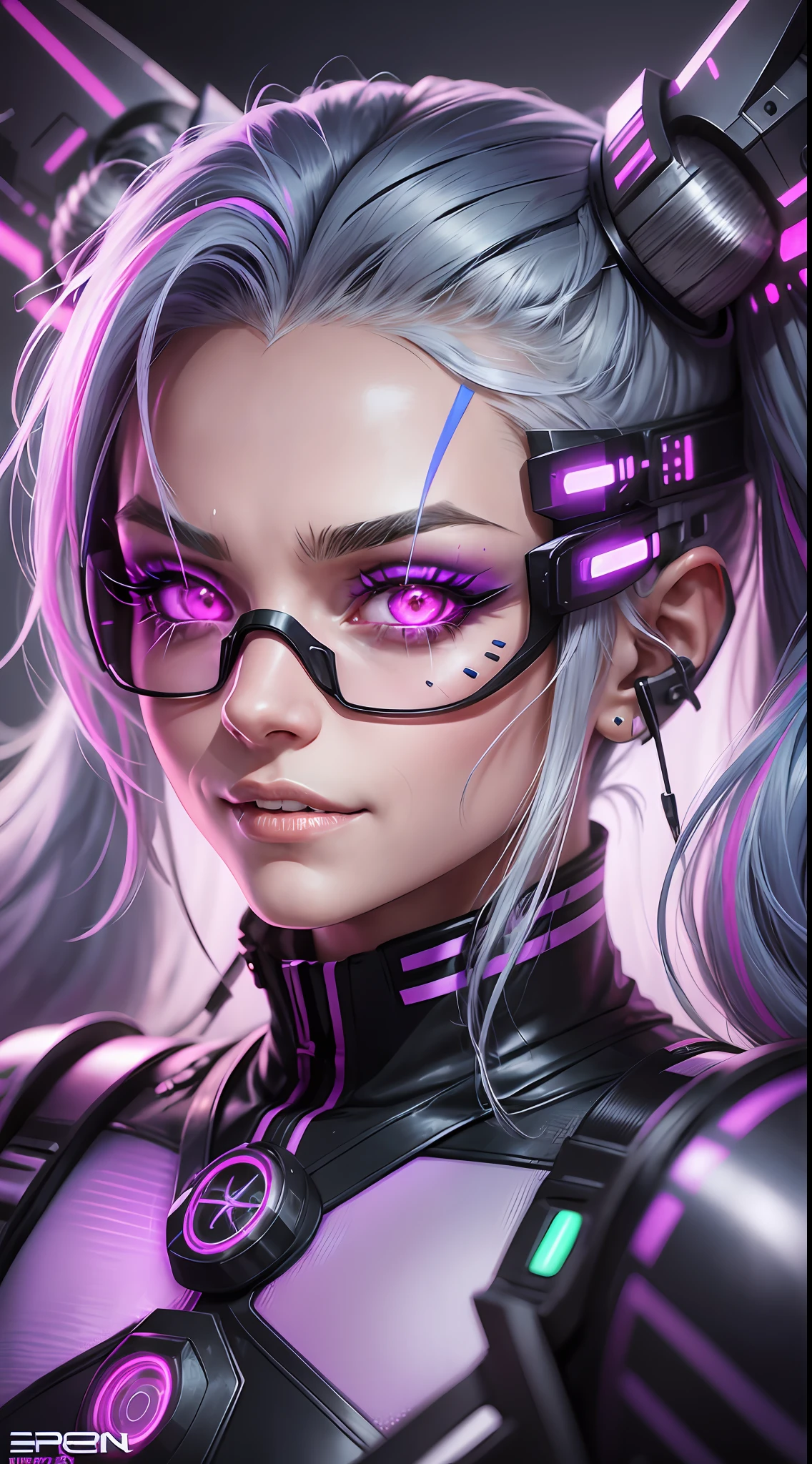 Neon background, cyber punk, silver hair, streaked hair, twin braids, twintails, goggles, mole under eye, pointy ears, earrings, sad, makeup, crazy, crazy smile, excited, despair, evil, Futurism, cinematic lighting, chromatic aberration abuse, glowing light, pov, Ultra-Wide Angle, cowboy shot, masterpiece, anatomically correct, textured skin, super detail, 8k --auto --s2