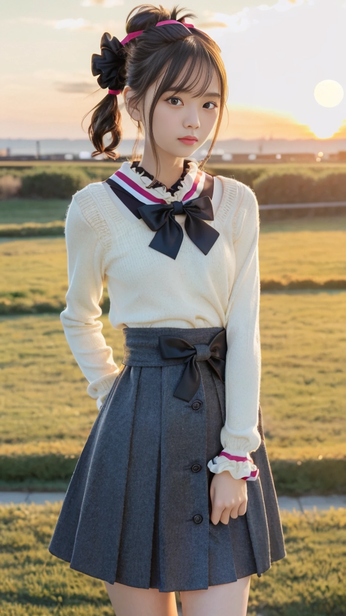 Thigh gaps, ((Photorealistic)),(Slim)),((AKB 48)),(Full body photo)), ((Sunset in background))),(19 years old),(Small bust)))))), (Wearing a hat deeply)),(Long skirt))(Spring sweater))(Photorealism:6, Real))), (((sideways and turning around pose)),Perfect lower body shape,((Upside ponytail),(Ribbon),((Has scrunchies on wrists)),Hair ornaments,Small waist