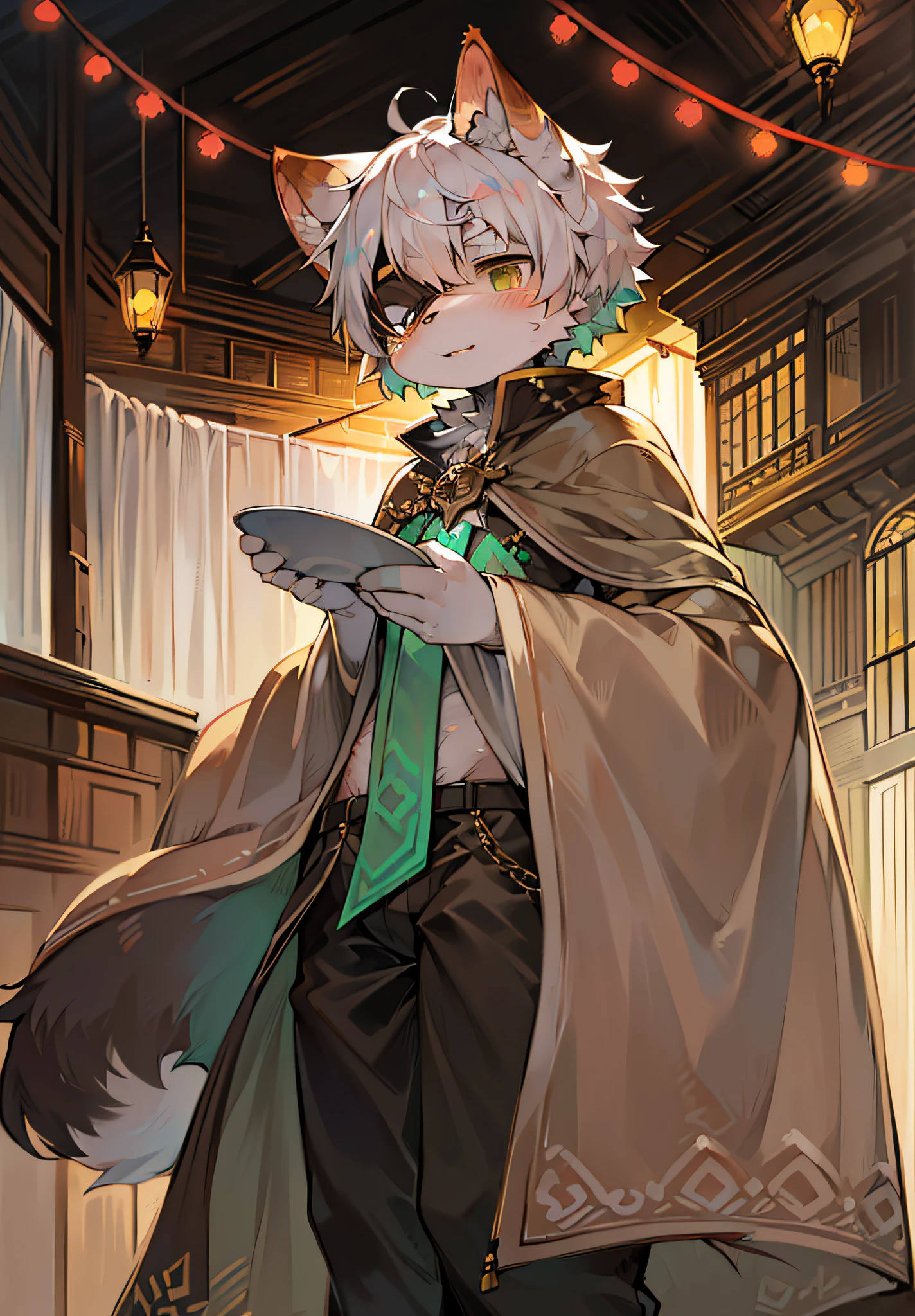 masterpiece,high quality,abstract res,digital painting\(artwork\), by dagasi, yupa, kiyosan, (anthro, fluffy fur, character focus:1.1), anthro male cat, short hair, portrait, bright eyes, panorama, Character focus. (detailed background: 0.7), solo, furry, furry male, male focus, anthr, (full body fur, fluffy tail, white fur, white hair light green dye, brownish gray eyes, wearing an eye patch: 1.2), (long canids, cape: 1.2) No excessive decoration, no leather clothing, single person