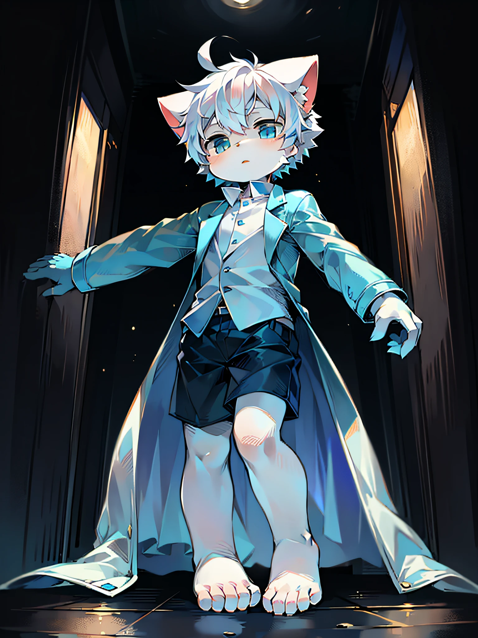 A little boy of cat type with blue, white hair. Cute, handsome, in a trench coat, barefoot, in shorts. Has cat ears, high quality portrait
