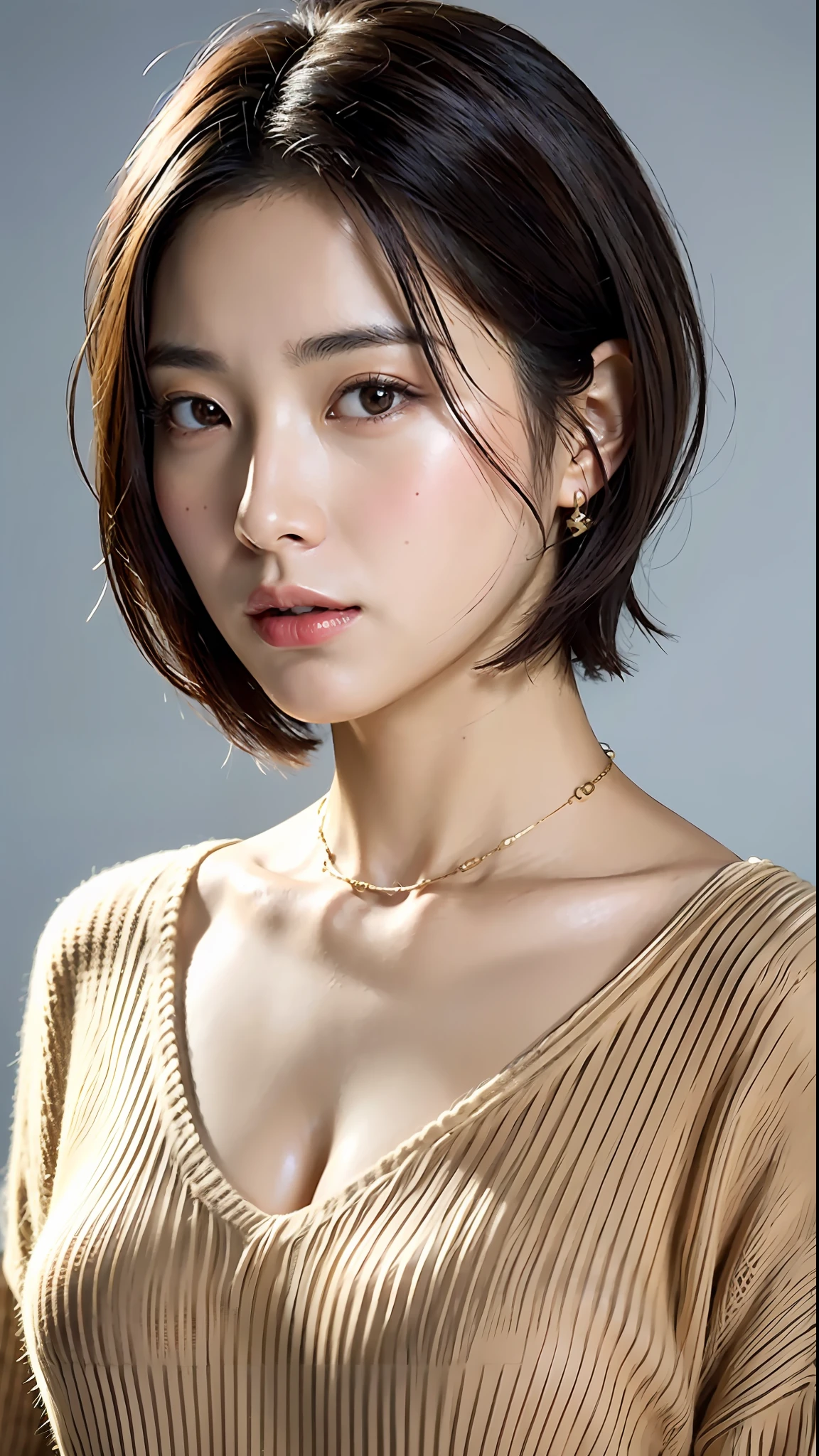 (Best quality, 8k, 32k, Masterpiece, UHD:1.2),Photo of Pretty Japanese woman, large breasts, very short bob hair,upper body,face focus,oversized_sweater, necklace, simple background, from above, looking at viewer,