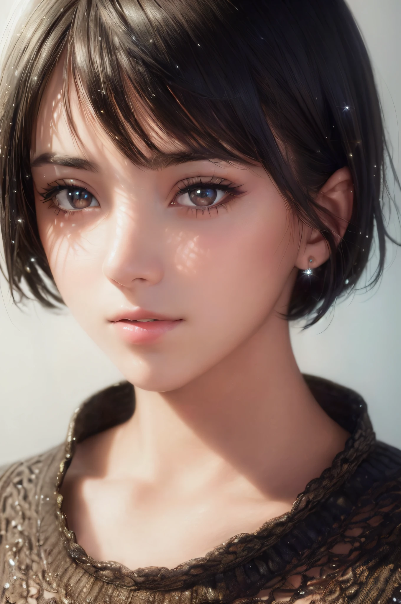 (masterpiece:1.3), (8k, photorealistic, RAW photo, best quality: 1.4), (1girl), beautiful face, (realistic face), (black hair, short hair:1.3), (beautiful hairstyle, realistic eyes, sparkly eyes, beautiful detailed eyes, glowing eyes), (realistic skin), beautiful skin, (sweater), absurdres, attractive, ultra high res, ultra realistic, highly detailed, golden ratio