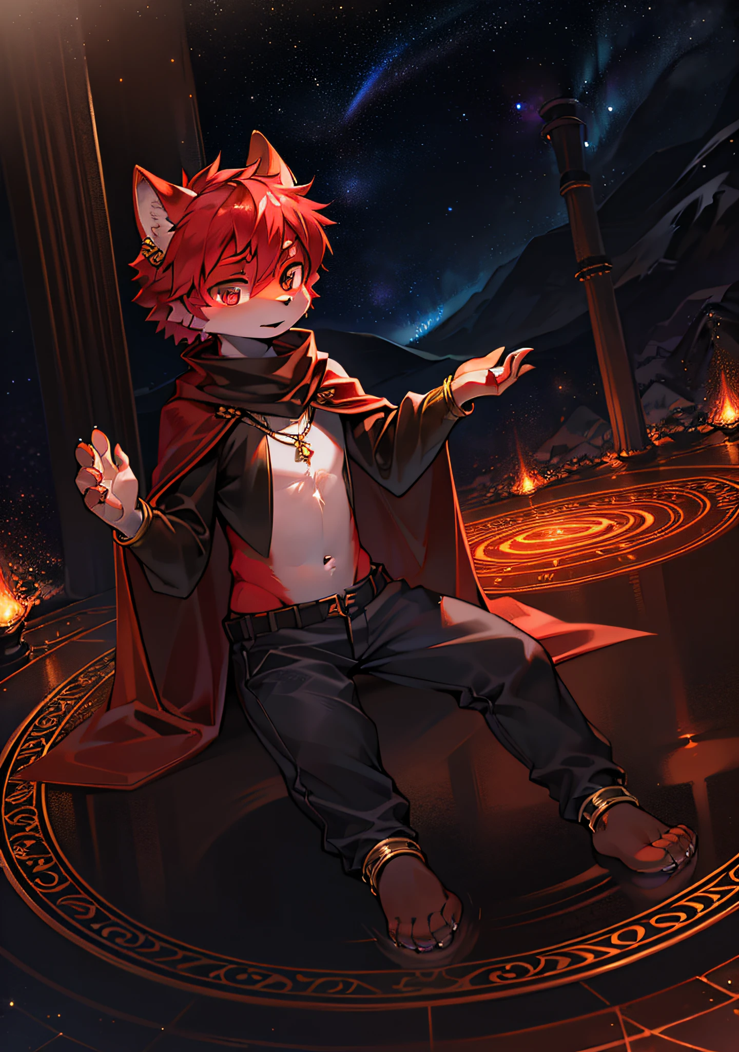 Masterpiece, high-quality portrait, 3D realistic CG, dramatic lighting, intricate details, sharp focus, 16k, humanoid, lean, cat size, furry, cub, ultra-detailed fur, Solo Boy 1.4, Shota, Head Ring, Anklet, Pendant, Black Top, Pants, Cloak, Scarf, Looking Up, (Magic Circle in Background: 1.2), (Red Lightning), Orbiting the Ion Ball, (Outer Space), Water, Outdoor, Starry Sky, Reflection, Reach Out, North Star, Aurora Sky, Full Shot.