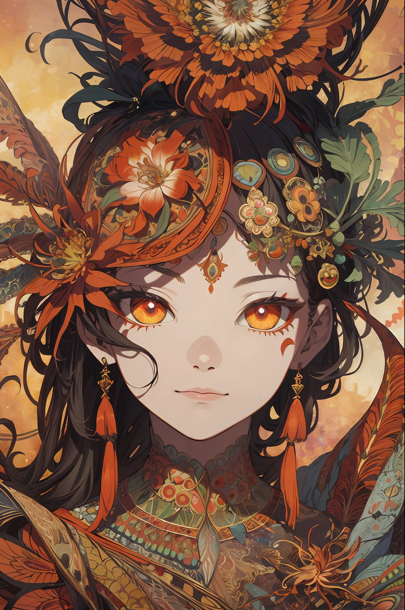 absurd, high resolution, super detailed, official art, unified 8k wallpaper, super detailed, beautiful and aesthetic, masterpiece, best quality, (zentangle, maple leaf, tangled, entangled), (fractal art: 1.3), realistic, (masterpiece, top quality, best quality, official art, beauty and aesthetics: 1.2), very detailed, fractal art, colorful, most detailed, zentangle, (abstract background: 1.5) (1boy: 1.3), gods, (glowing red eyes), mysterious, (magic), (sitting on top of the giant Lycoris radiata), ice and snow