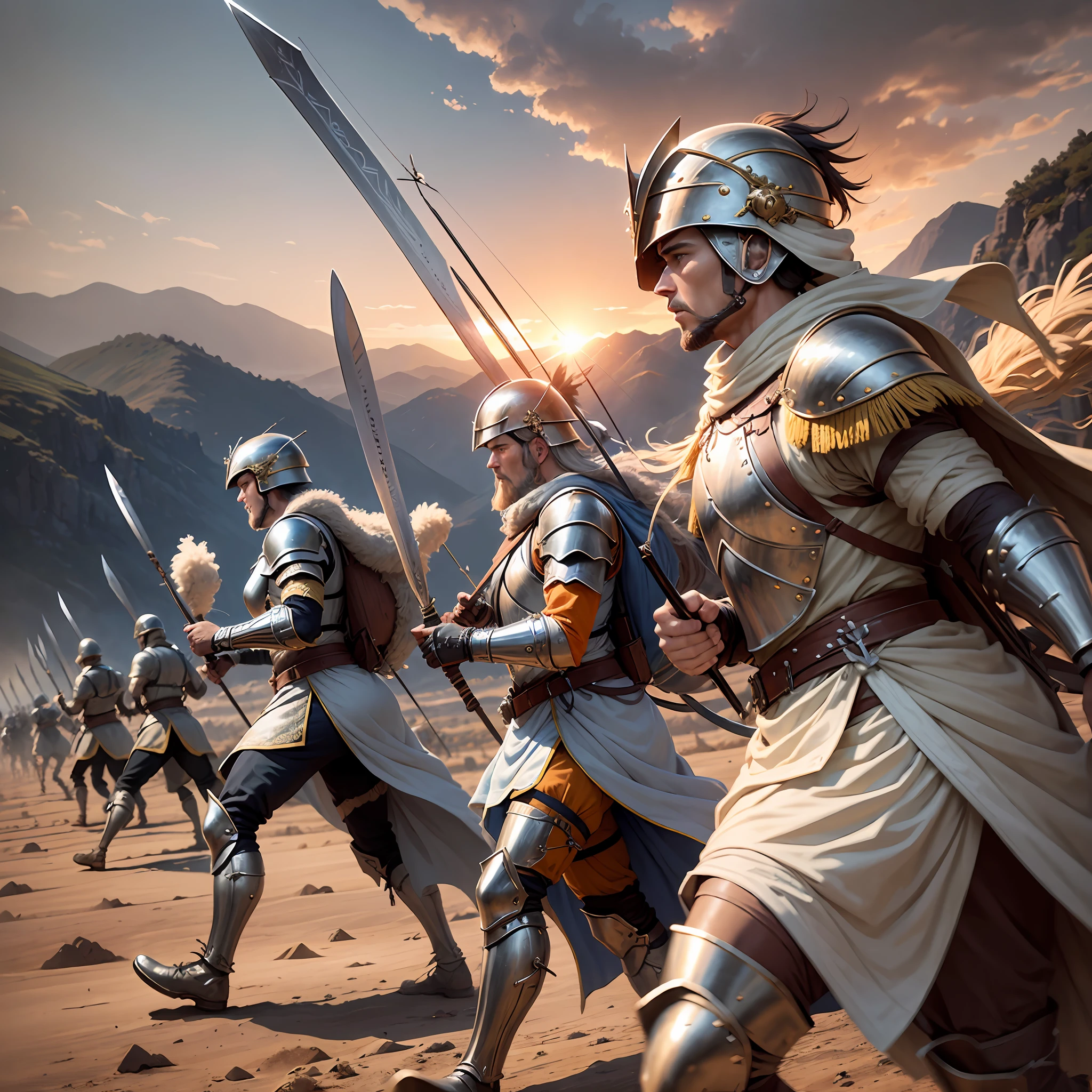 **Prompt: Biblical Time Army heading for War with Sword and Bow and Arrow** *Description: In this epic setting, we have created a visual scene that dates back to ancient biblical time, where a powerful army prepares for an impending battle. The scenery is painted with the grandeur and majesty of those times, with soldiers dressed in armor and carrying swords, bows and arrows. The prompt ratio is 16 by 9, like a photo-style image.* *Setting: The scenery is hilly, with green hills in the background, punctuated by an imposing fortress in the distance. The sky presents golden and orange tones at sunset, creating a climate of tension and expectation. representing different classes of warriors. They are pictured in formation, waiting for the signal to move on.* *Equipment: Soldiers are cooks with a variety of traditional weapons. Some carry long, sharp swords, others wield sturdy bows, while some arrows hold with colorful feathers.* *Commander: At the center of the formation, a charismatic and courageous leader emerges with ornate armor and a banner at his side. His figure radiates confidence and confidence as he inspires soldiers into battle.* *Expressions: The soldiers' expressions are diverse, some exhibit focused and resolute looks, while others show a mixture of anxiety and bravery.* *Atmosphere: The scene is filled with tension and anticipation, with dust rising from the soldiers' feet, creating an aura of mystery and movement. --auto --s2