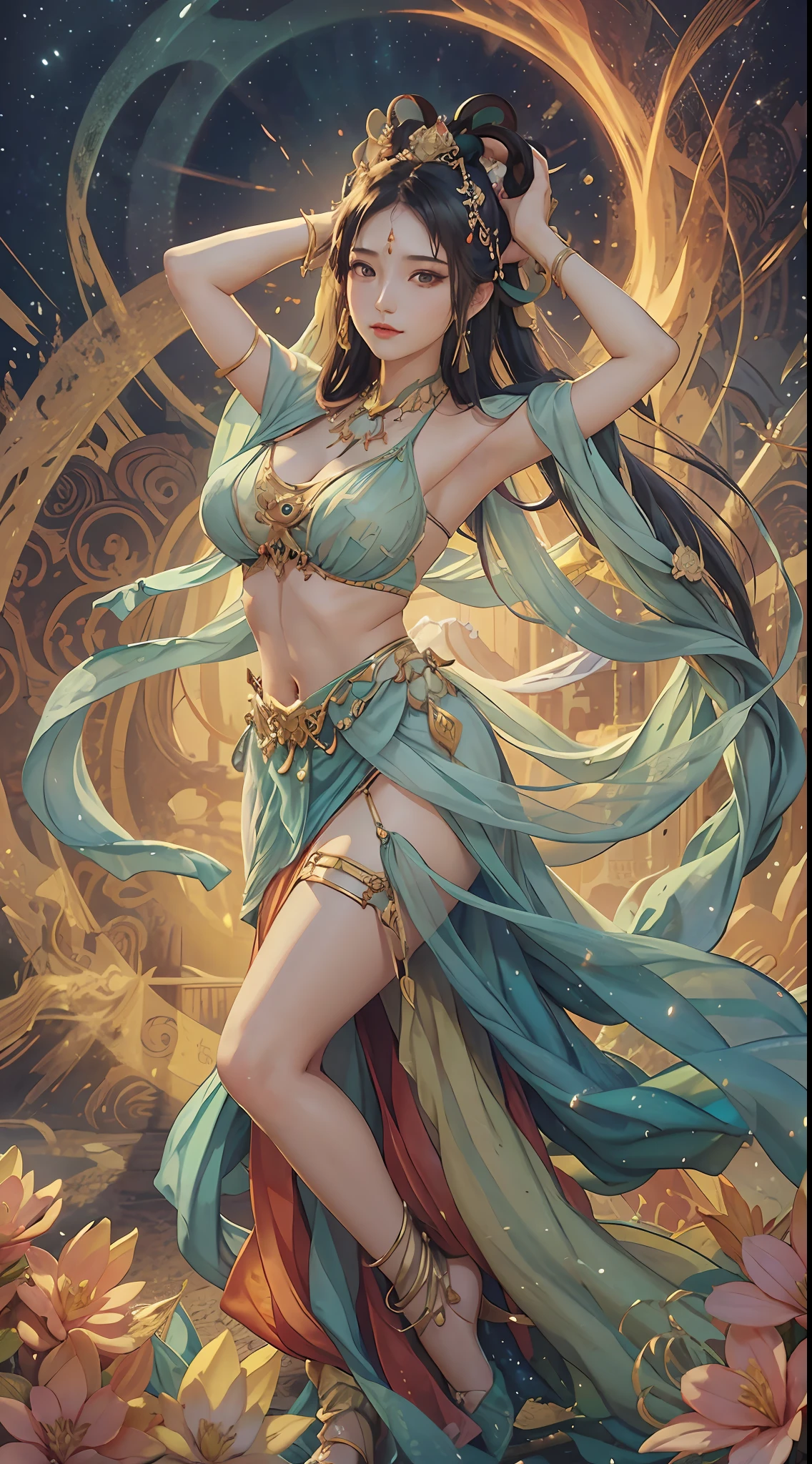 a mature female, ethereal, goddess, large breasts, vivid color, dunhuang_cloths, bare shouders, perfect female figure, tall figure, arms up, armpits, thighs, expressionless, [light smile:0.6], trending on Art Station, masterpiece, 8k resolution, fantasy art,