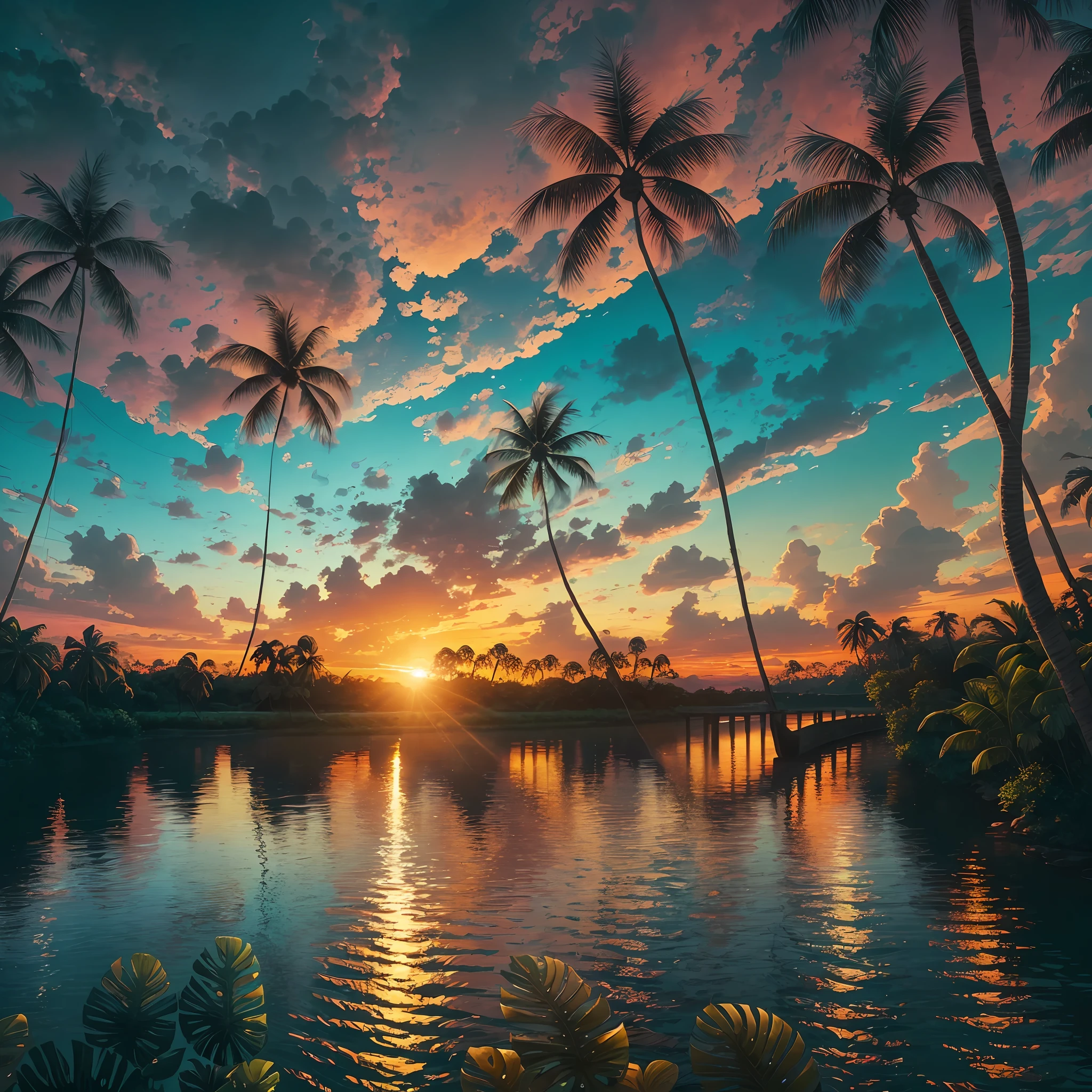 A view, of a river, at sunset, with the tropical theme, --auto --s2