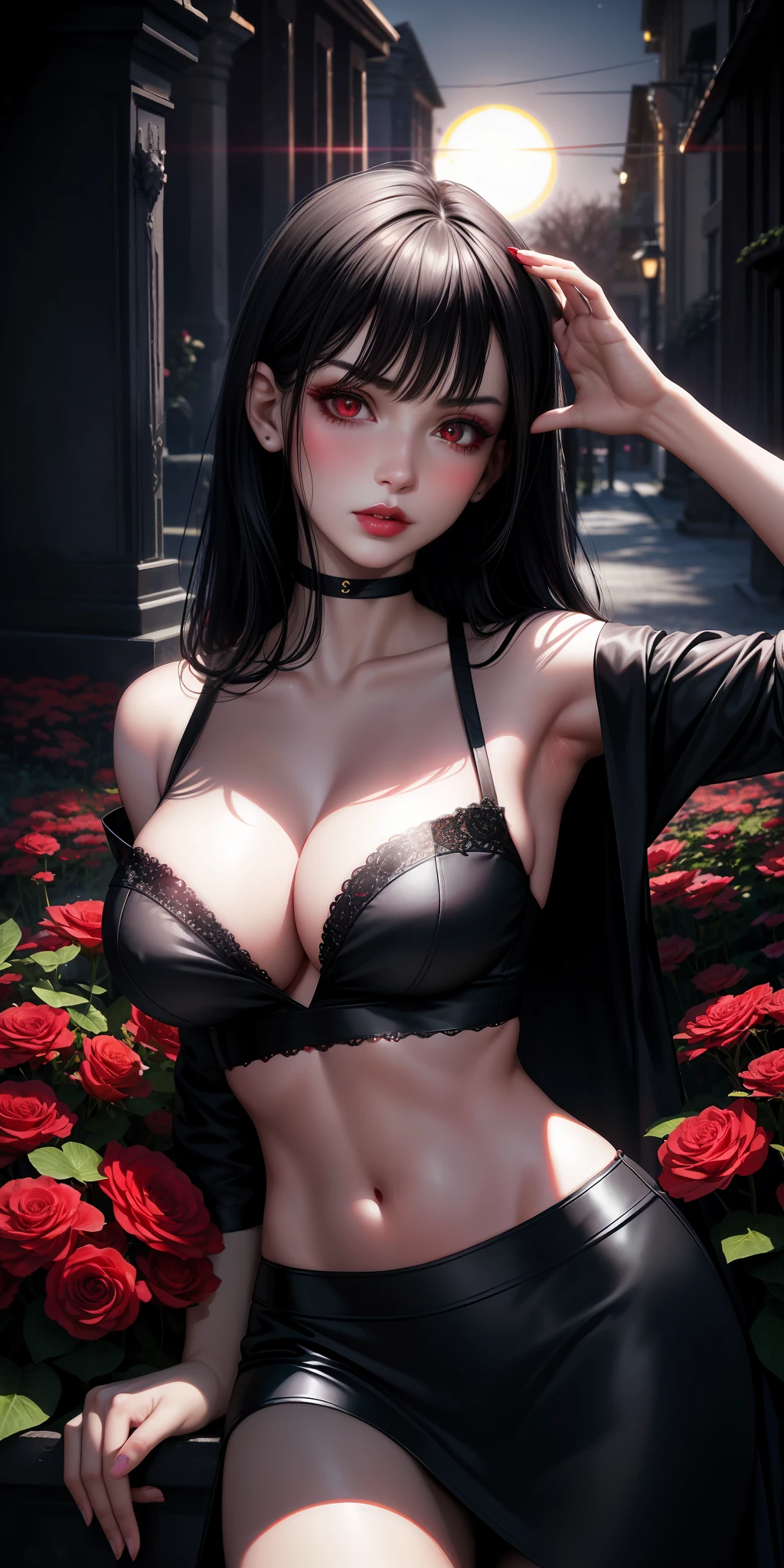 realistic,1 woman, 1 woman, 1 woman (BLACK hair), red eyes, bright eyes, cropped top, skirt, lips half-open, blush, night, flowers, sun, sunlight, full breasts, large breasts, front poses, confident look, graveyard, gothic girl, oriental (PERFECT HANDS), perfect hands, MORRIGAN AENSLAND, BLOOD ON FACE