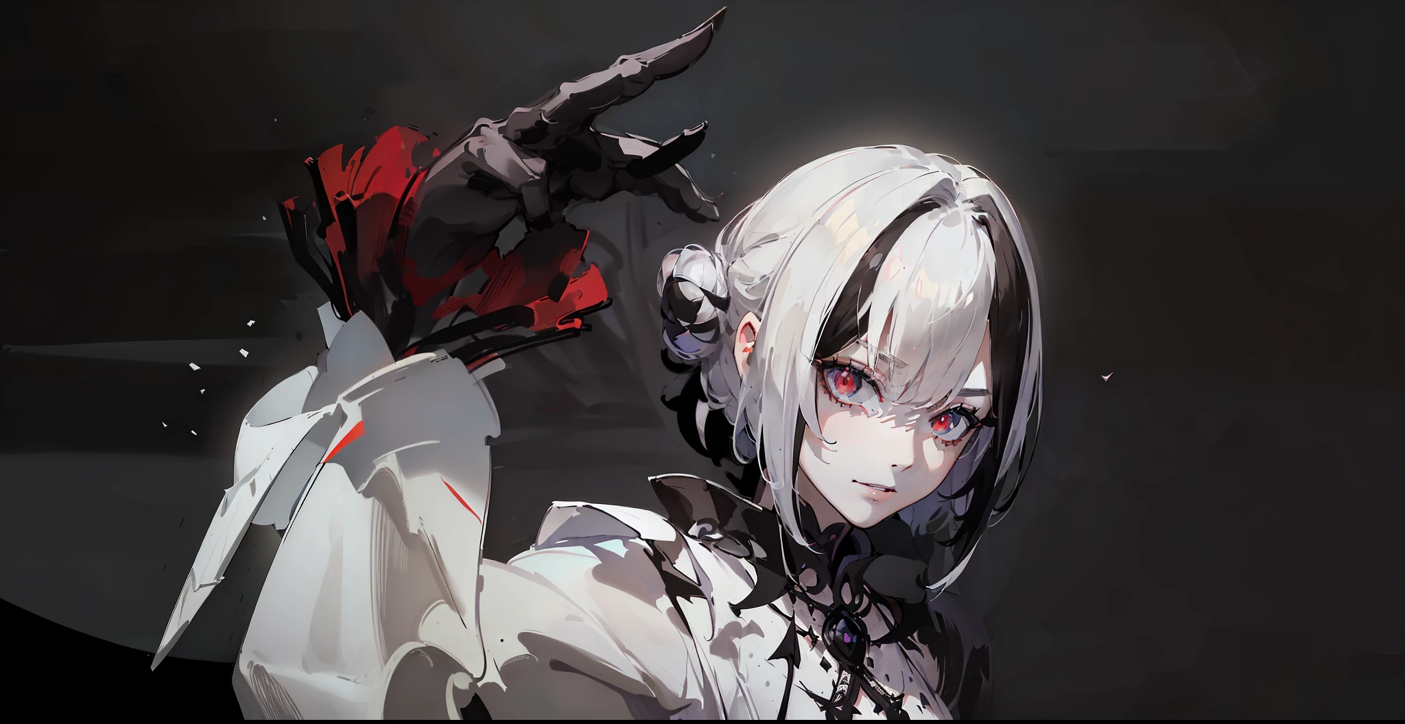 ((((Evil))), (((1girl))), ((toned)), female focus, masterpiece, high quality, (masterpiece:1.2), (best quality:1.2), shiny, realistic, ornate, intricate skin, ((white hair with black parts)), (short hair), black eyes, bangs, hair between eyes, hair_stick, evil_girl, elegant_clothes, solo, hair_bun, hair_ornament, hair_pin, holding_fan, paper_fan, elegant, looking_at_viewer, holding_fan, red_eyeliner, FH, cruel eyes, looking at the viewer, constricted pupils, dynamic pose, (shadows cast over the face:1.3), dark room, shadow room, crazy smile, (upper body), frightening look