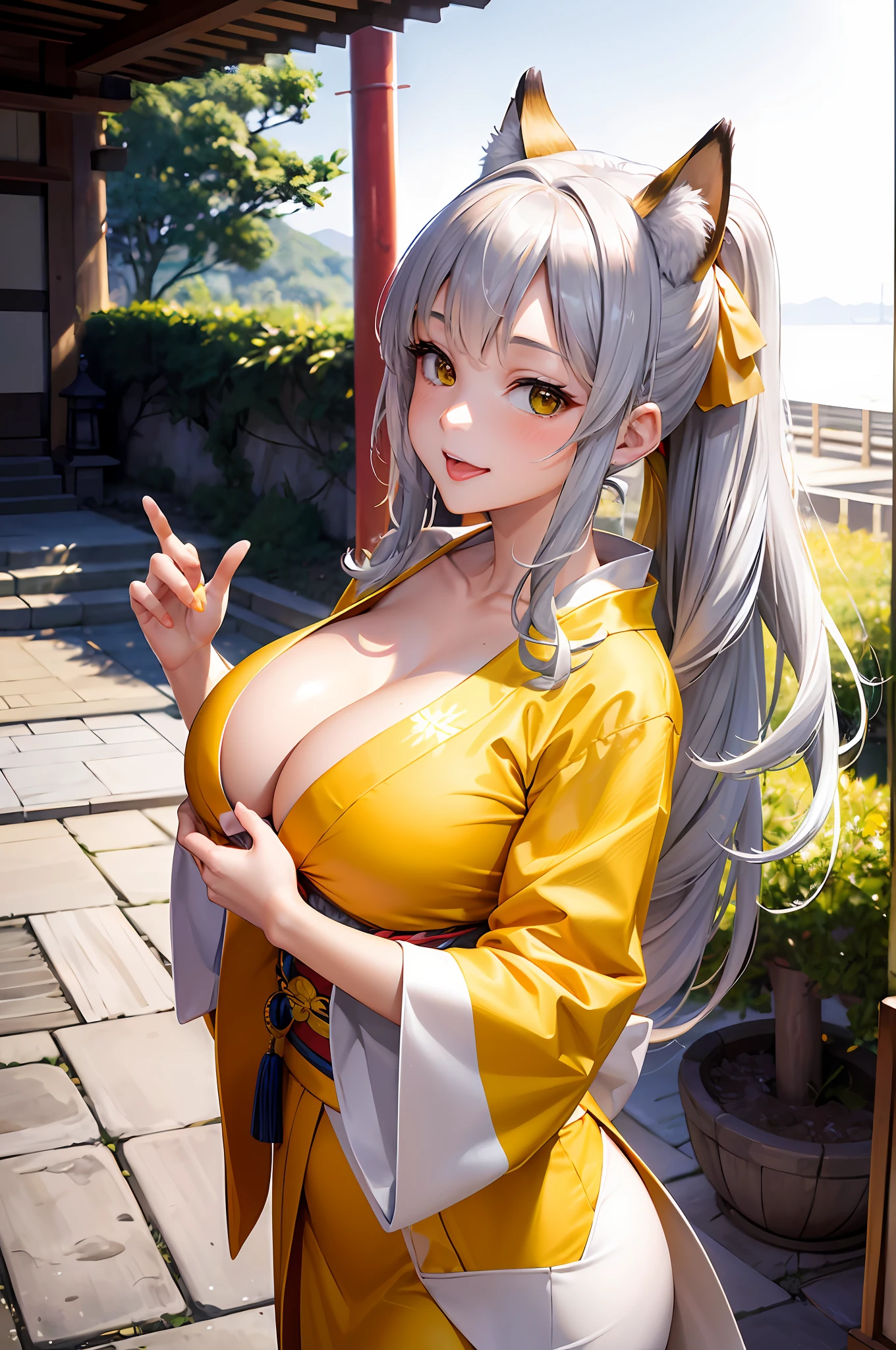 (8K, Top Quality, Masterpiece: 1.2), (Photorealistic), Ultra High Definition, One Woman, Sexy, Solo, Fox Personification, (Full Face Blush), (Embarassed But Happy), Learning Forward, Big Breasts, Cleavage, Tongue Out, Yellow Eyes, (Yellow and White Kimono: 1.1), (Silver Long Hair: 1.3), Upper body, low angle, close up, autumn morning, yellow skin, yellow tips only, yellow kimono, fushimi inari shrine, ghibli, cleavage