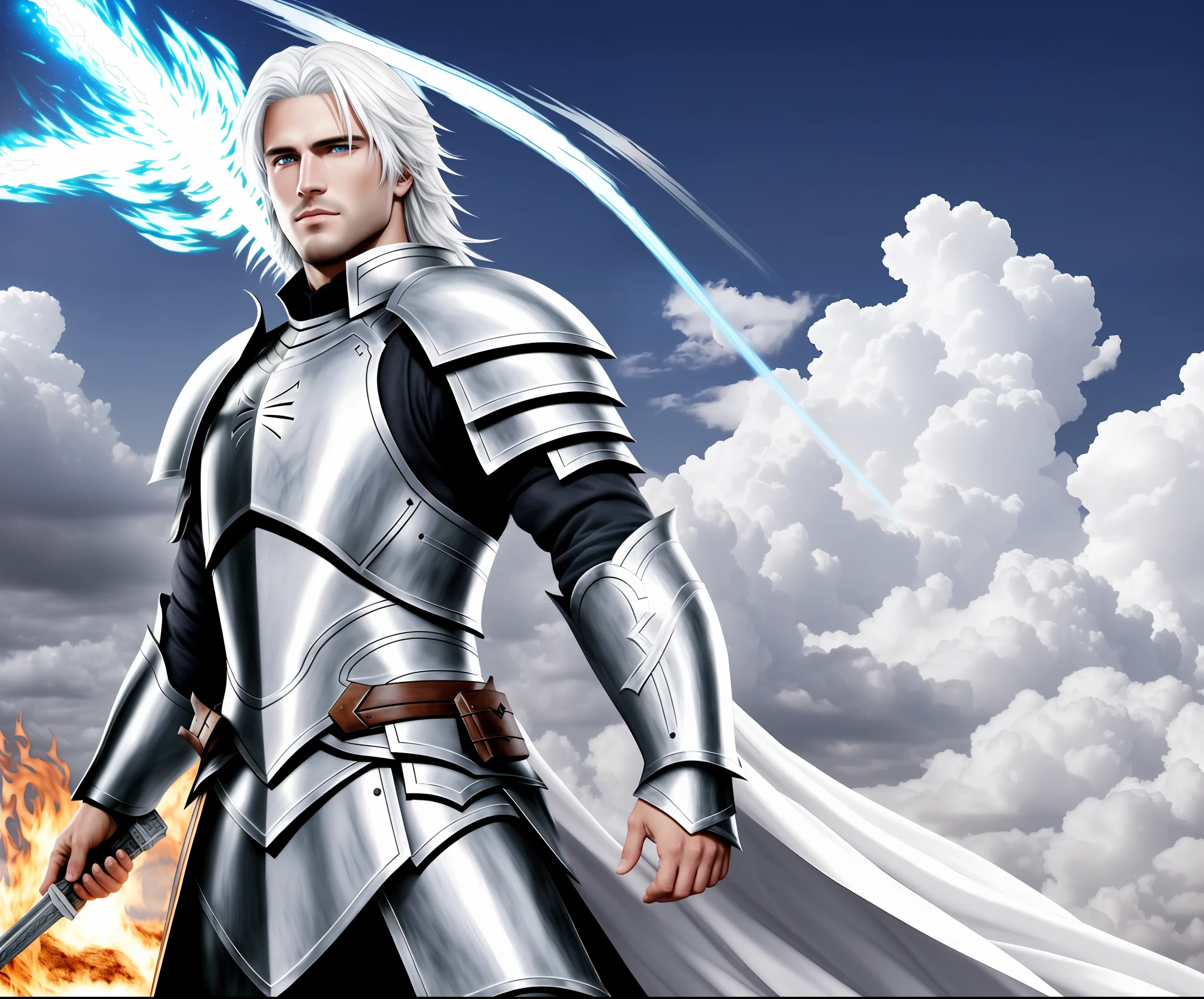 The white-haired handsome, white-armored knight was covered in white flames