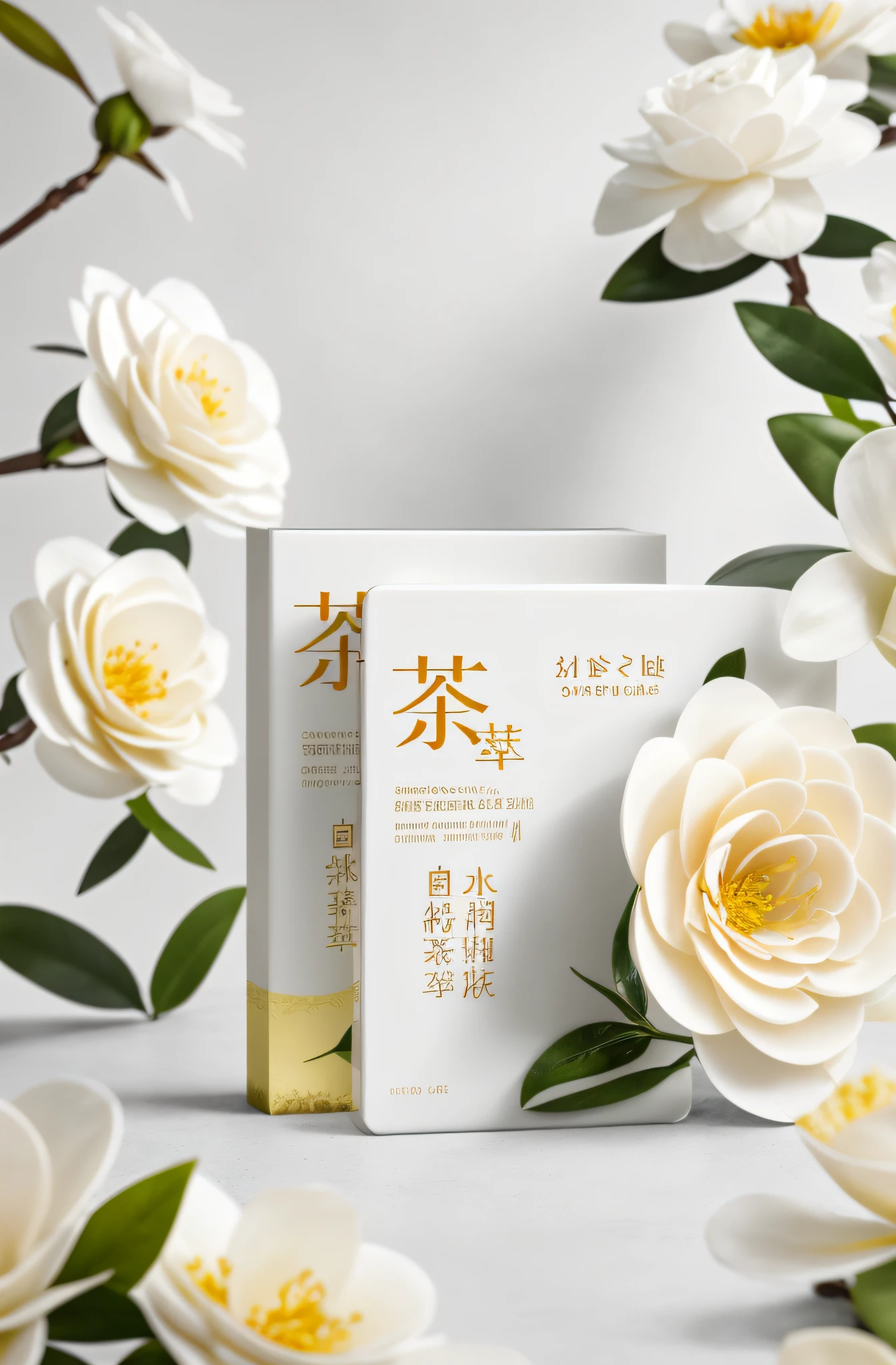 Breathtaking product photography that captures the beauty of white camellias. The product is elegantly placed in a vibrant display of blooming white camellias, ensuring a stunning realistic scene. The focus is on the intricate details of the petals, capturing their delicate texture and natural beauty. Photos are taken in high resolution, 4K or 8K, to show the best details of the flowers and products. The product is a mask that is located in the center of the composition, making it stand out while harmonizing with the surrounding camellias. Lighting has been carefully selected to enhance natural colors and textures, creating a lifelike and captivating image. This photograph perfectly captures the essence of the product, preserving its details and presenting it in a visually striking and authentic setting.
