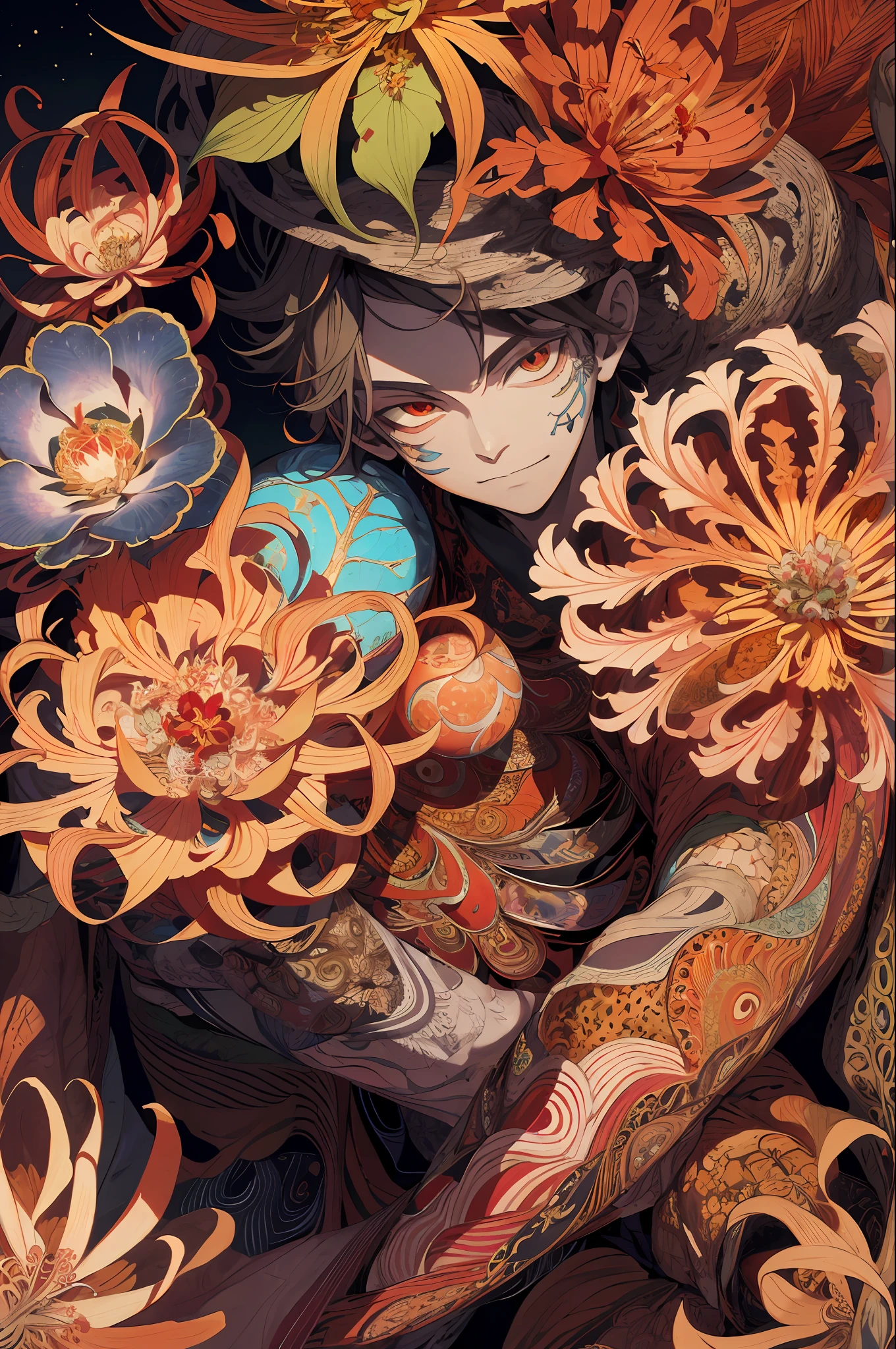 absurd, high resolution, super detailed, official art, unified 8k wallpaper, super detailed, beautiful and aesthetic, masterpiece, best quality, (zentangle, mandala, tangles, entanglements), (fractal art: 1.3), realistic, (masterpiece, top quality, best quality, official art, beauty and aesthetics: 1.2), very detailed, fractal art, colorful, most detailed, zentangle, (abstract background: 1.5) (1boy: 1.3), gods, (glowing red eyes), mysterious, (fire magic), (sitting on top of the giant Lycoris radiata), Lycoris radiata, Yellow Spring Hell