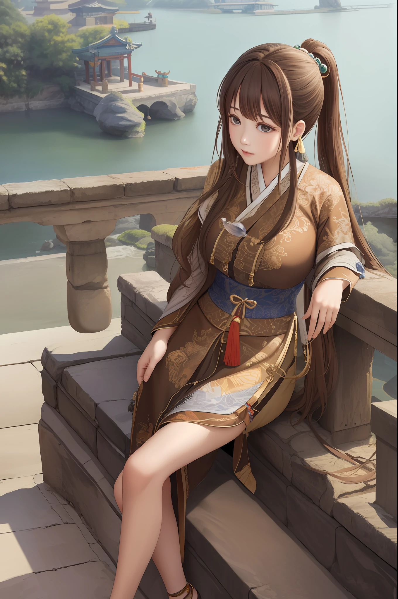 upper body, oil painting, masterpiece, best quality, highres, long brown hair, jewelry hairpin, large breast,riverside and rock or temple or bridge, extremely clothes, sitting, (song Dynasty, song clothing:1.2),