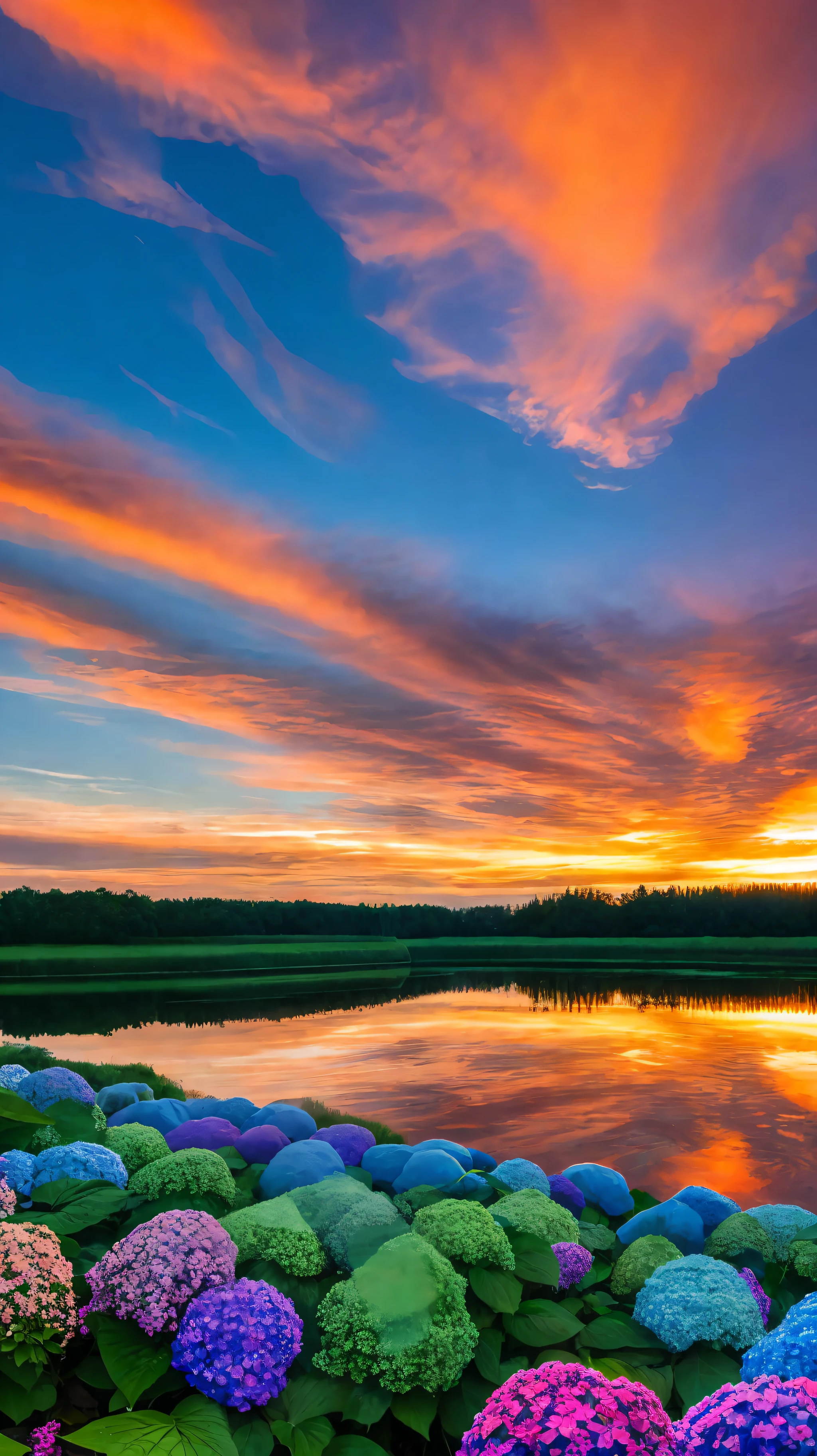Below the horizon is a large expanse of colorful hydrangeas, on the horizon is the sky and sunset Burning clouds, the reflection of the water
