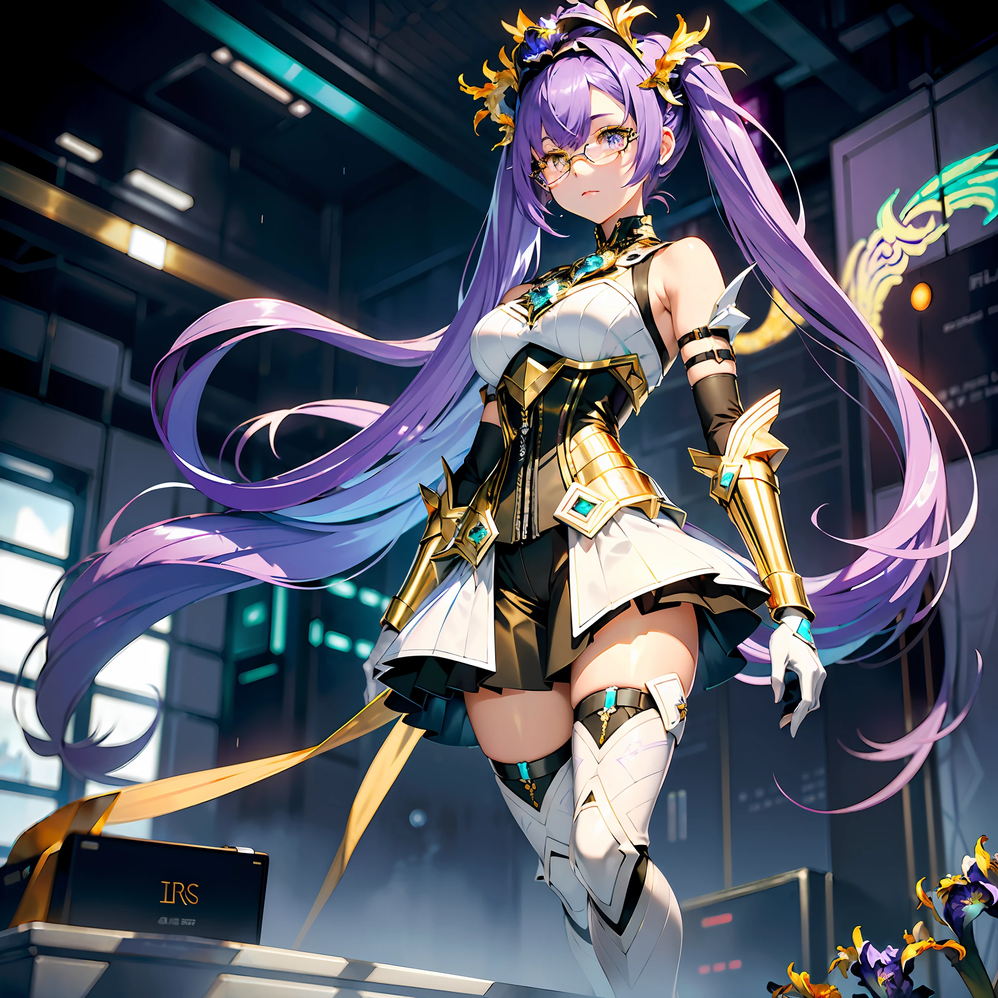 complex anime 3d render ultra detailed, (((masterpiece))), (((best quality))), ((ultra-detailed)),(3D Cartoon rendering), ((an extremely delicate and beautiful)),(from side),cinematic light,((single mechanical girl)),({best quality}),(Ultra Fine),(full detail),19 years old,delicate youthful face,well_developed curves,hourglass_figure,perspective,beautiful_face,high_quality_outfits,futuristic_outfits,silght_blush,full_body,full detail face,protective outfits,Honkai_Impact,sexy,anatomical,Light Trace;

(Violet hair:1.5),indigo hair tips,violet (helix-shaped twintails:1.1),two long fin-shaped white and aqua headdresses,pointing upwards,fin-shaped,(silver-colored tiara around forehead);(golden_iris:1.99),white_cross_pupil,holographic one-piece goggle glasses on eyes,aqua frame,aqua lens;one hexagon aqua locket on breast;

Futuristic battlesuit,armored battlesuit,combat ready,covering all body,fitting body curves,white armor streamlined shoulder pads,black long slender sleeves,ceramic mechanic white arm bracers with aqua trims,white bracelets,black gloves,white tanktop with aqua_colored traces,black armored corset,two glowing aqua buttons on corset,aqua zipper along corset,v-shaped white waistband with four gadget holsters,aqua waistband,(white scifi armor dress,knee-length aqua edged hems),(,white and aqua-edged armor tassets),(white pantyhose) with hexagon aqua linings,silver waistband with gadget holsters,knee bracers;silver mechanic boots,heeled boots; White mechanic backpack on back;

Rainy weather,night,clouds in background,heavy rain weather,raindrop on face,clear sky in background,standing,overlooking city from midair,calm expression,vigilat gaze,stretching hands,standing,looking forwards