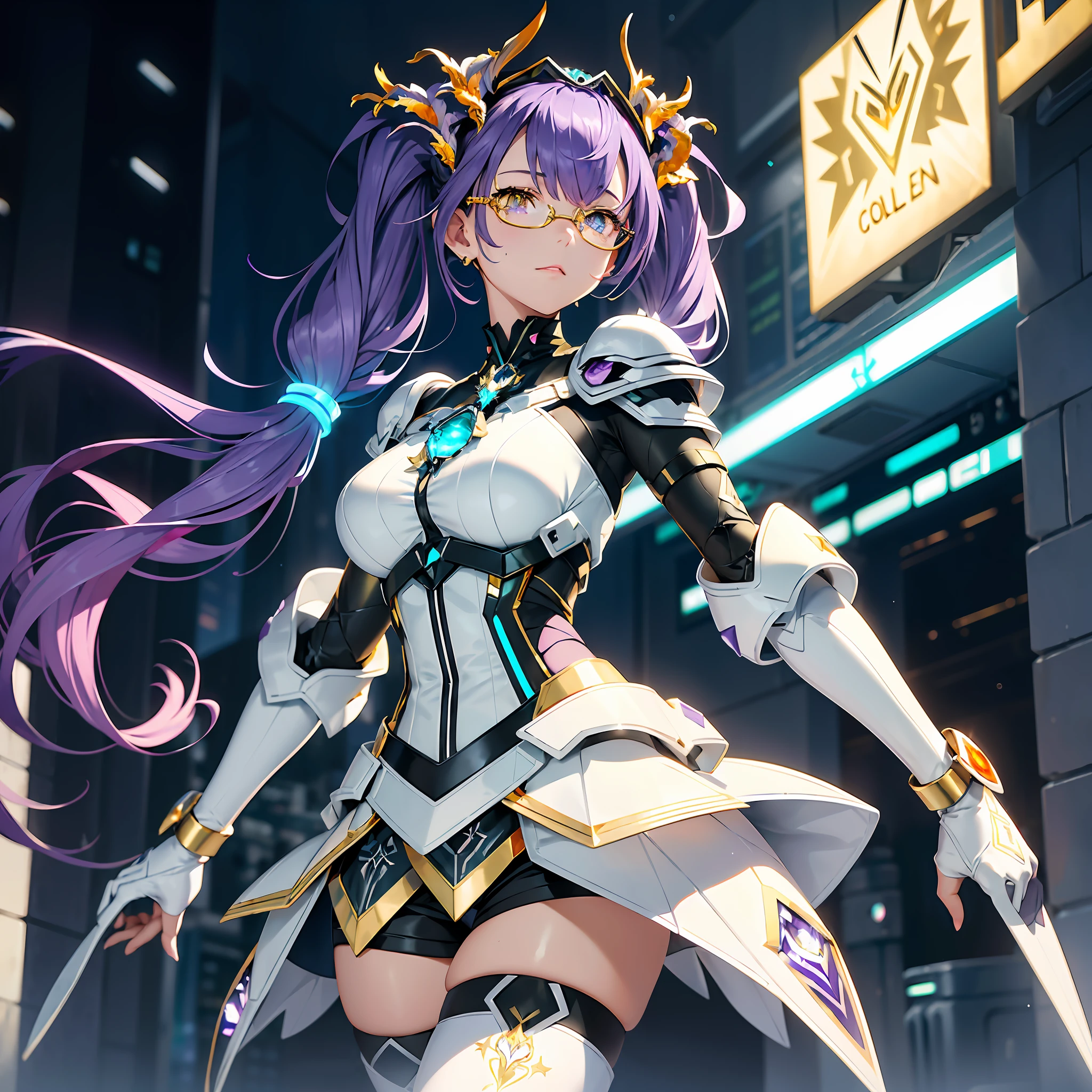 complex anime 3d render ultra detailed, (((masterpiece))), (((best quality))), ((ultra-detailed)),(3D Cartoon rendering), ((an extremely delicate and beautiful)),(from side),cinematic light,((single mechanical girl)),({best quality}),(Ultra Fine),(full detail),19 years old,delicate youthful face,well_developed curves,hourglass_figure,perspective,beautiful_face,high_quality_outfits,futuristic_outfits,silght_blush,full_body,full detail face,protective outfits,Honkai_Impact,sexy,anatomical,Light Trace;
(Violet hair:1.5),indigo hair tips,violet (streamline twintails braids),two long fin-shaped white and aqua headdresses,pointing upwards,fin-shaped,(silver-colored tiara around forehead);(golden_iris:1.99),white_cross_pupil,holographic one-piece goggle glasses on eyes,aqua frame,aqua lens;one hexagon aqua locket on breast;
Futuristic battlesuit,armored battlesuit,combat ready,covering all body,fitting body curves,white armor streamlined shoulder pads,black long slender sleeves,ceramic mechanic white arm bracers with aqua trims,white bracelets,black gloves,white tanktop with aqua_colored traces,black armored corset,two glowing aqua buttons on corset,aqua zipper along corset,v-shaped white waistband with four gadget holsters,aqua waistband,(white scifi armor dress,knee-length aqua edged hems),(,white and aqua-edged armor tassets),(white pantyhose) with hexagon aqua linings,silver waistband with gadget holsters,knee bracers;silver mechanic boots,heeled boots; White mechanic backpack on back;
Rainy weather,night,clouds in background,heavy rain weather,raindrop on face,clear sky in background,standing,overlooking city from midair,calm expression,vigilat gaze,stretching hands,standing,looking forwards