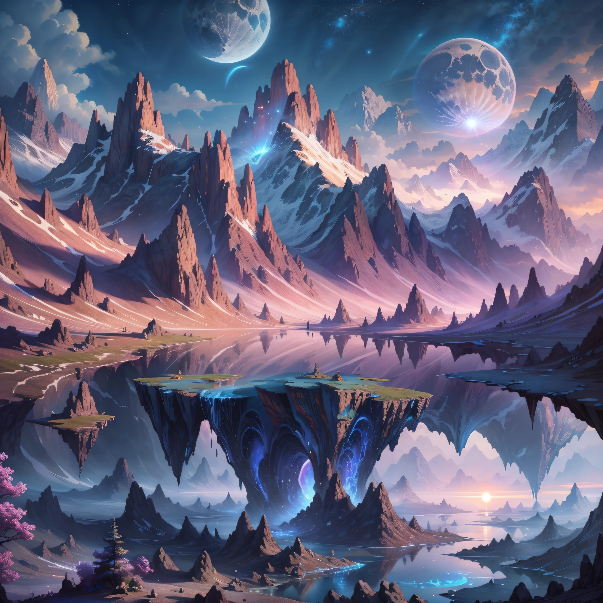 (enlarged: 1.1), mountains and a lake with a moon in the sky, 4k highly detailed digital art, 4k hd very detailed wallpaper, stunning fantasy landscape, sci-fi fantasy desktop wallpaper, unreal engine 4k wallpaper, 4k detailed digital art, sci-fi fantasy wallpaper, epic dreamlike fantasy landscape, 4k hd matte digital painting, 8k stunning art