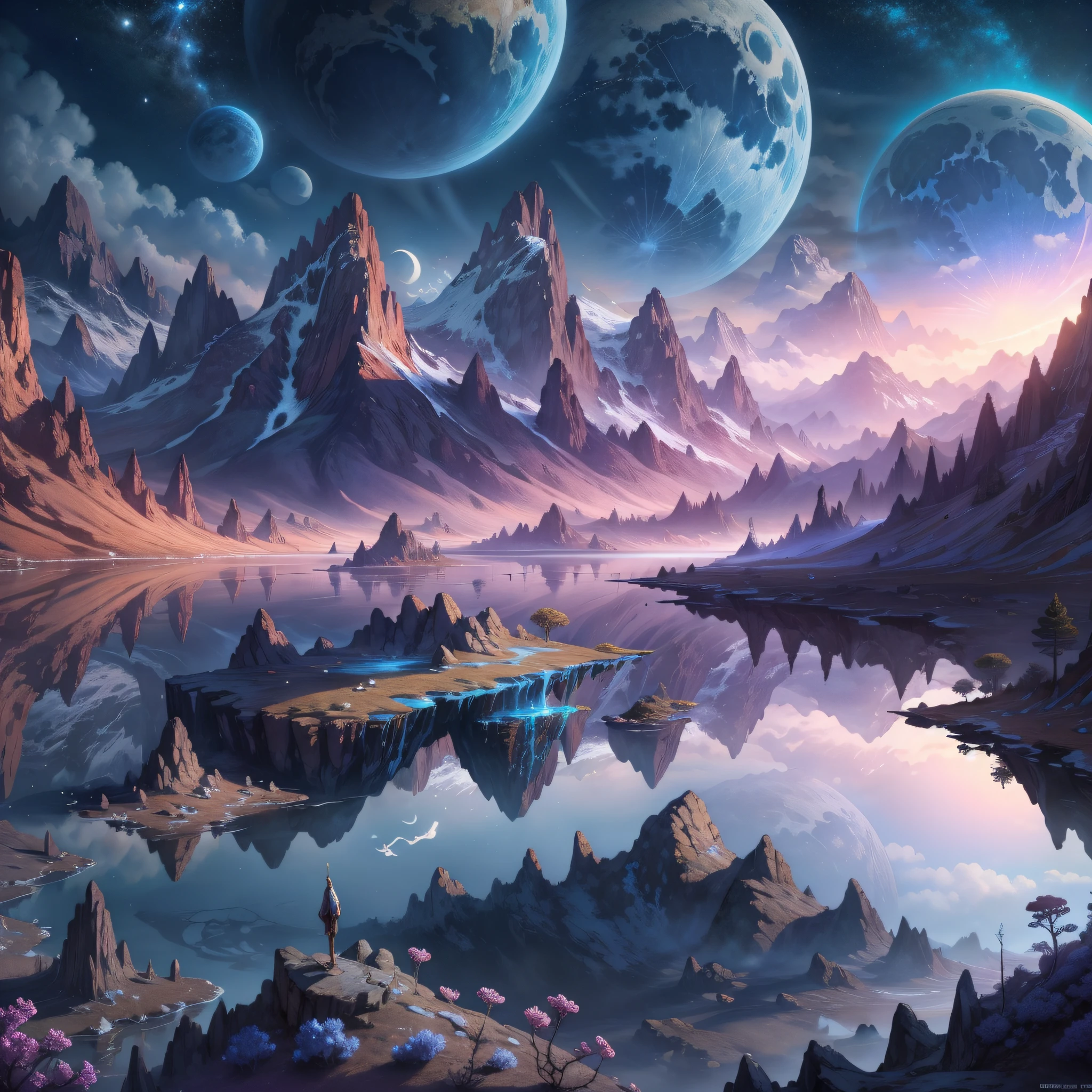 (enlarged: 1.1), mountains and a lake with a moon in the sky, 4k highly detailed digital art, 4k hd very detailed wallpaper, stunning fantasy landscape, sci-fi fantasy desktop wallpaper, unreal engine 4k wallpaper, 4k detailed digital art, sci-fi fantasy wallpaper, epic dreamlike fantasy landscape, 4k hd matte digital painting, 8k stunning art