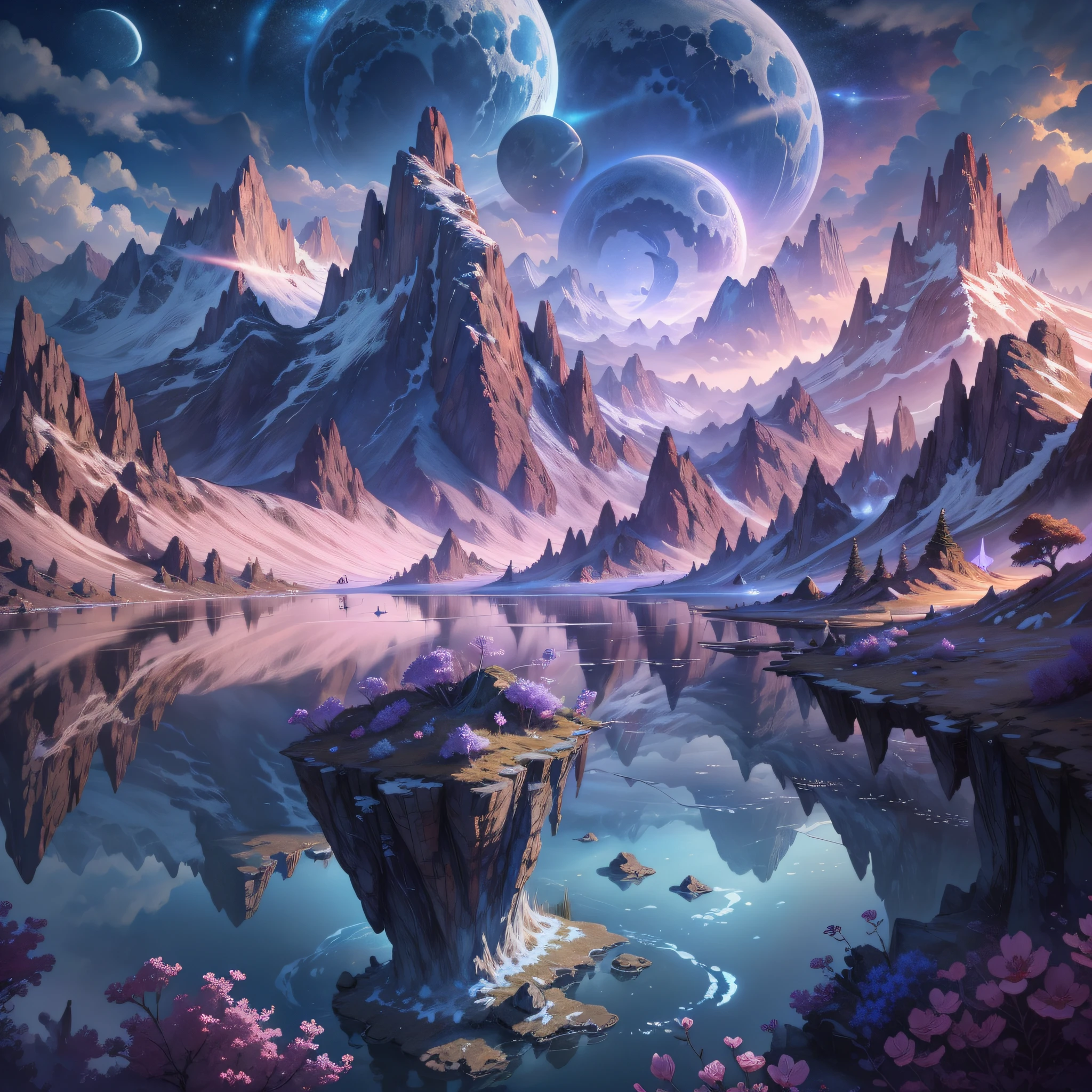 (enlarged: 1.1), mountains and a lake with a moon in the sky, 4k highly detailed digital art, 4k hd very detailed wallpaper, stunning fantasy landscape, sci-fi fantasy desktop wallpaper, unreal engine 4k wallpaper, 4k detailed digital art, sci-fi fantasy wallpaper, epic dreamlike fantasy landscape, 4k hd matte digital painting, 8k stunning art