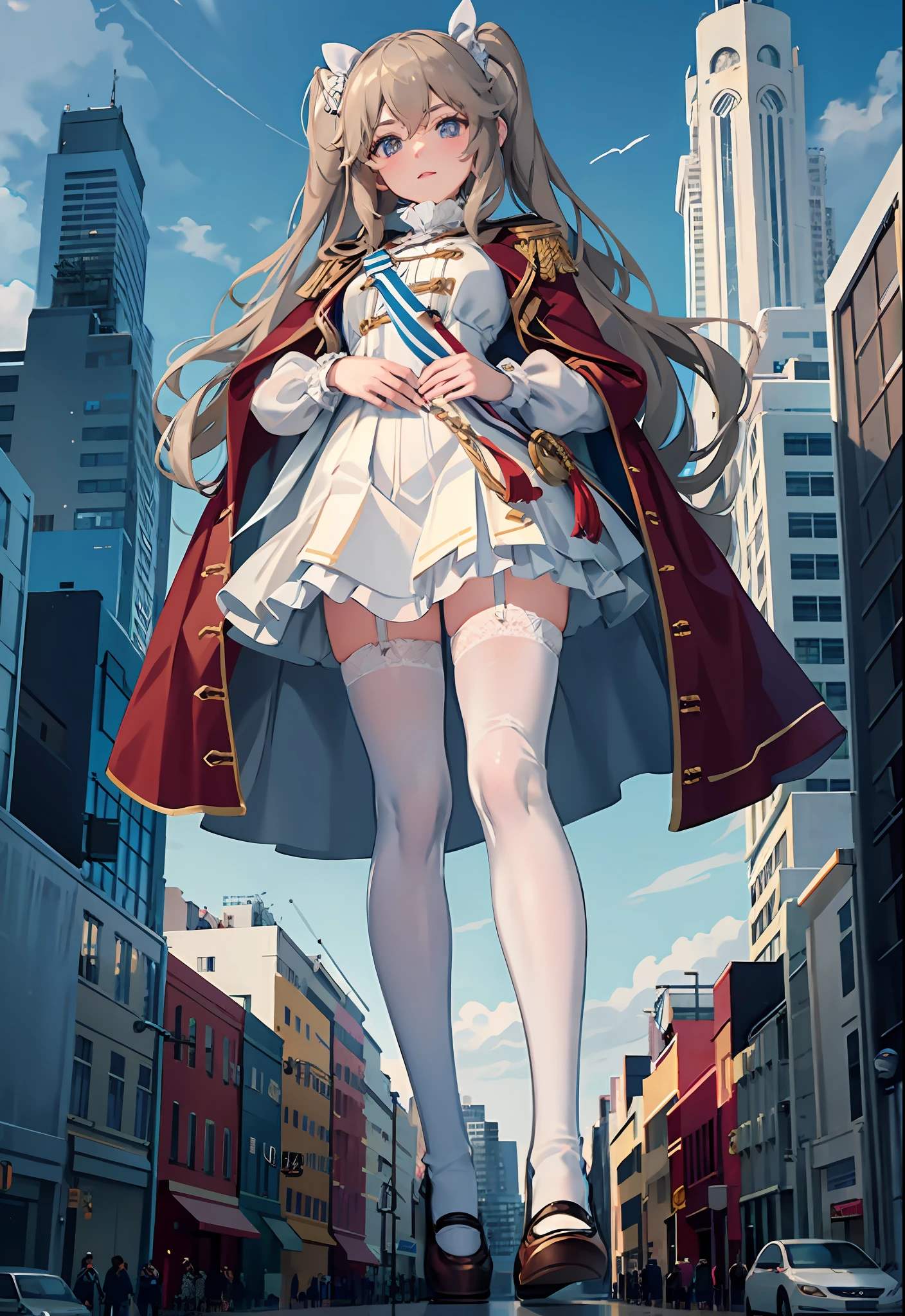 Standing on the streets of the city the image of a maiden in sailor costume, loose coat collar sailor uniform, sailor costume, ta style, exquisite school student uniform, Japanese school uniform, white sneakers, giantess, city