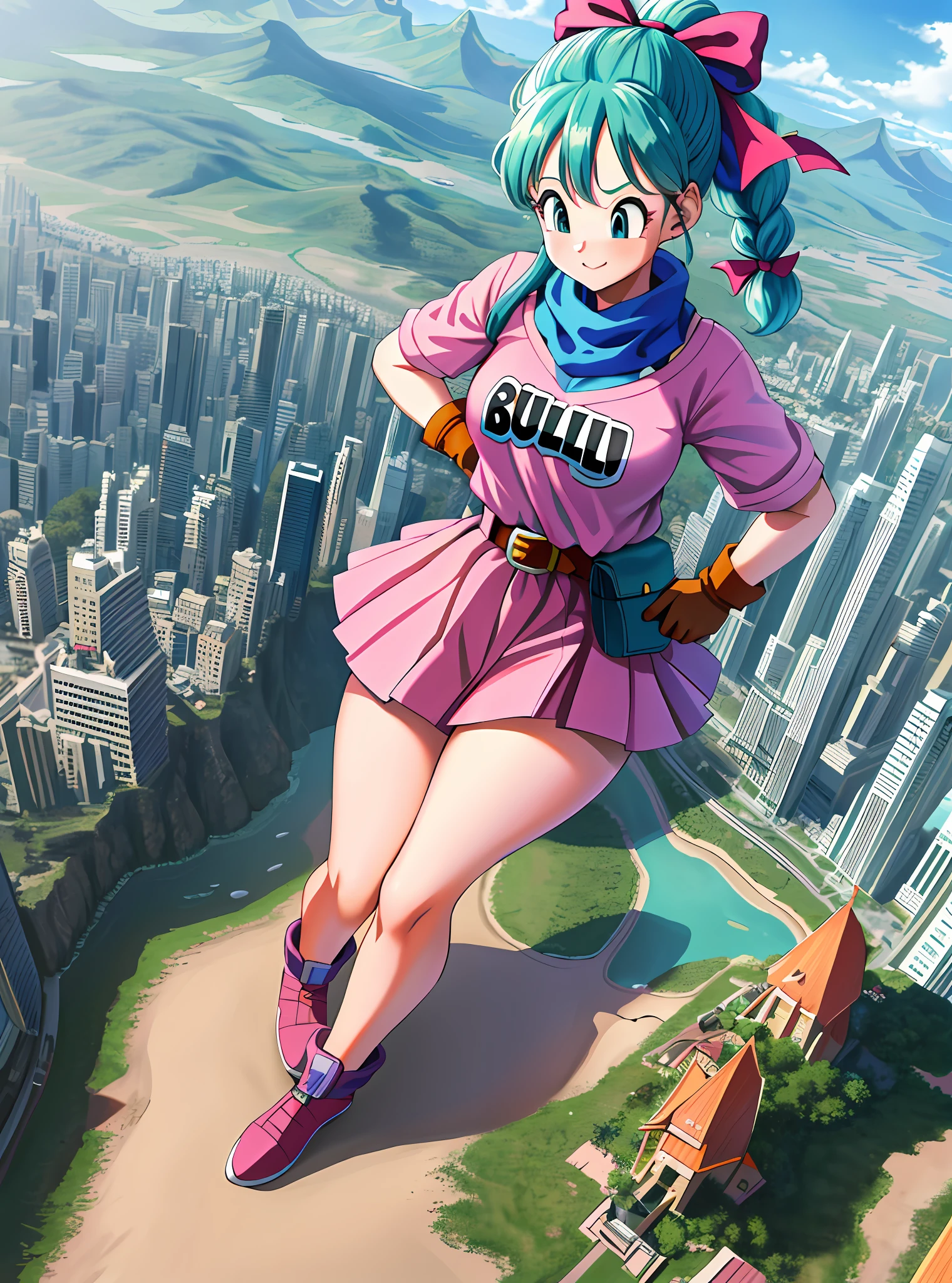 masterpiece, best quality, highres, giantess girl walking in tiny city, dragon ball, blmpony, aqua hair, hair ribbon, braided ponytail, pink shirt, belt, scarf, pink skirt, clothes writing, brown gloves, medium breasts, outdoors, smile, (gtsgiga:1.2), cityscape, landscape, tiny city, cloud, earth atmosphere, view of cityscape