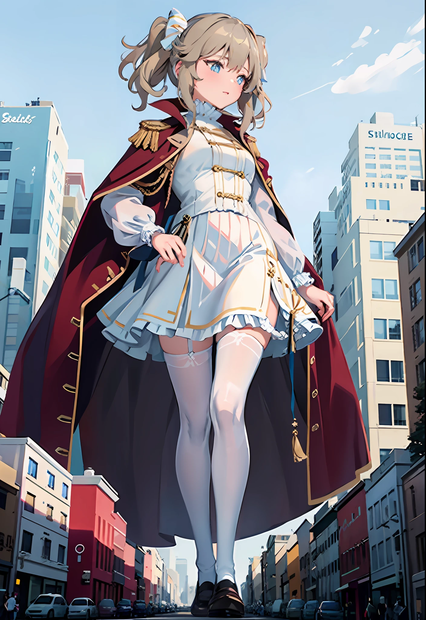 Standing on the streets of the city the image of a maiden in sailor costume, loose coat collar sailor uniform, sailor costume, Lolita style, exquisite school student uniform, Japanese school uniform, white sneakers, giantess, city